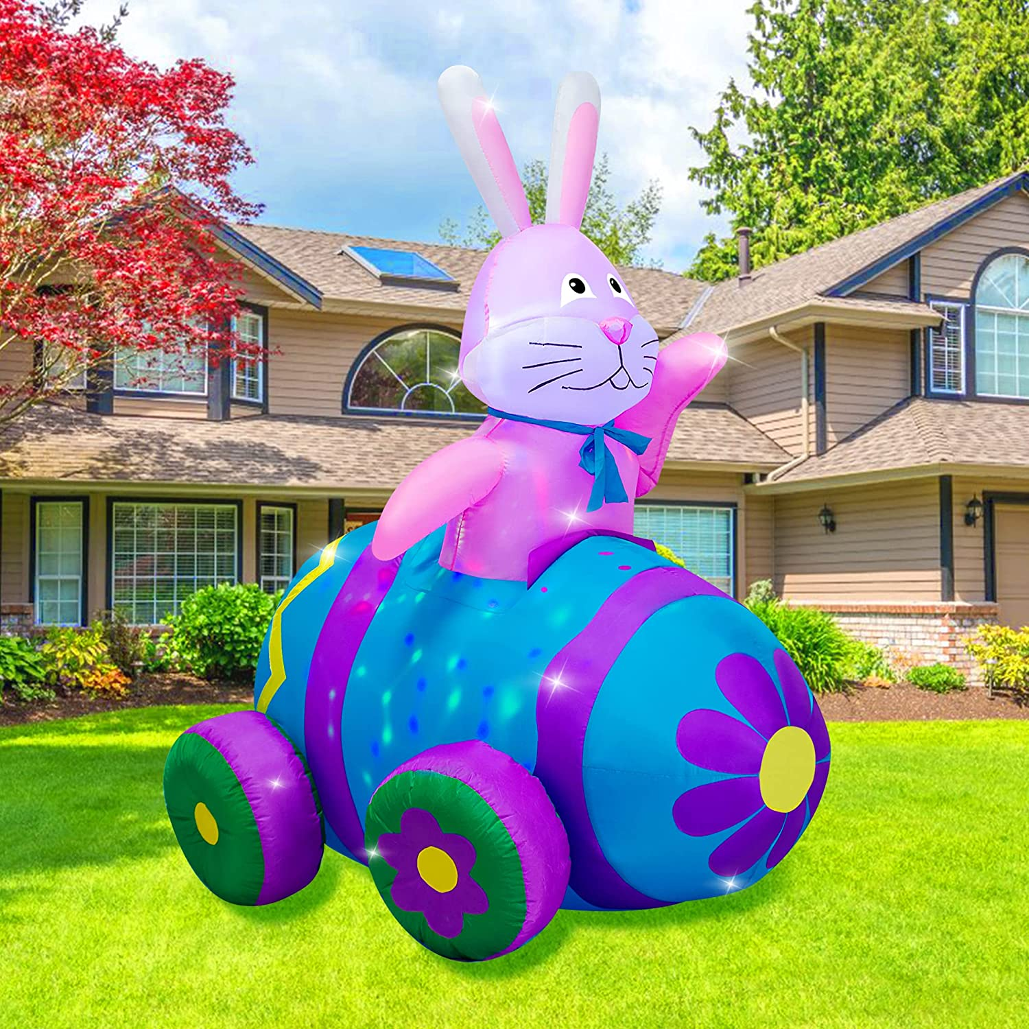 AJY 4 Feet Happy Easter Bunny Driving Car Inflatable Blow up Indoor Outdoor Yard Lawn Decoration image number 4