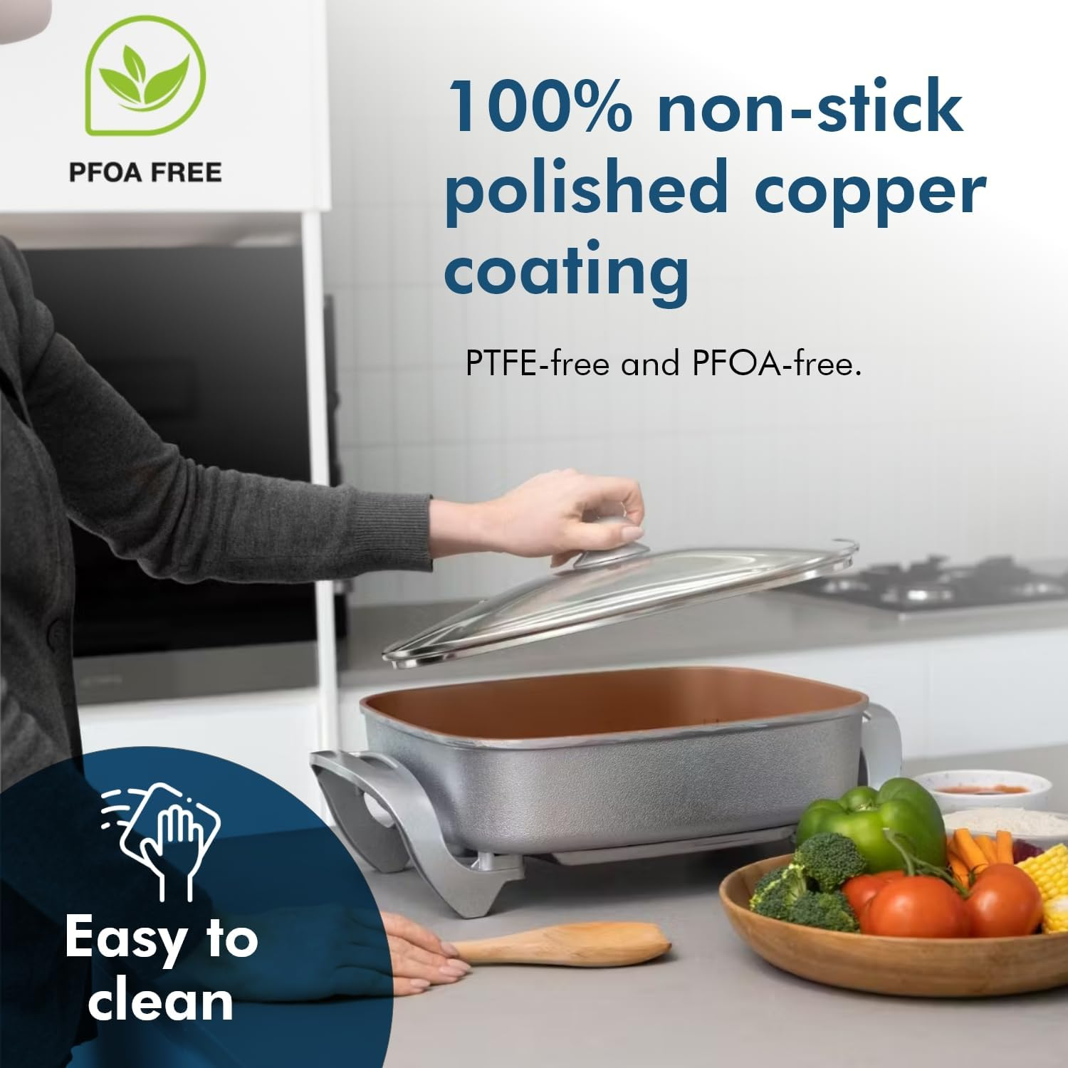 Healthy Choice 38X30CM Electric Kitchen Skillet with Nonstick Copper Coated Grill Pan & Glass Lid Cover, Indoor Countertop Cooking Pan with Temperature Control & Handle Compact Easy Clean