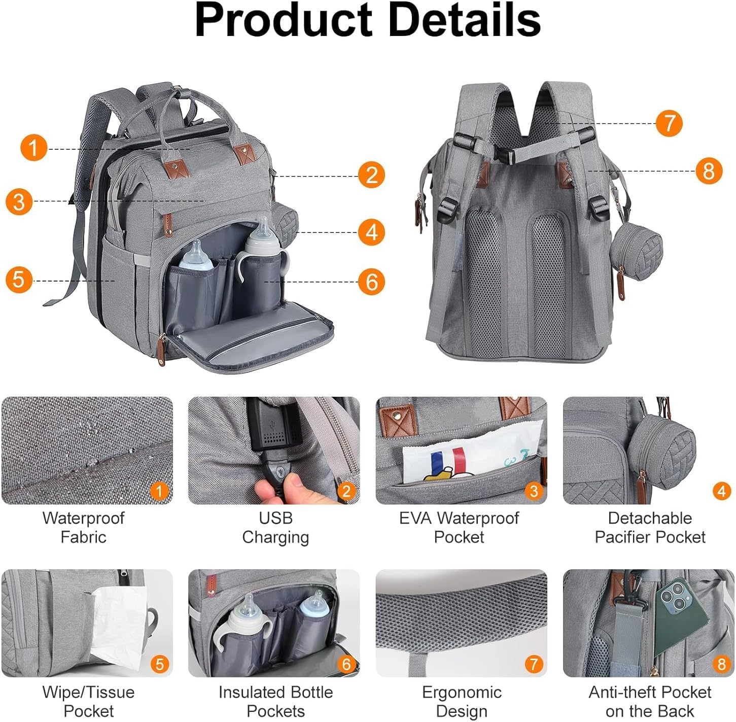 Nappy Bag Backpack, Large Waterproof Baby Nappy Bag for Mum & Dad, Travel Baby Backpack with USB Charging Port, Newborn Essentials Baby Bag, Stylish Diaper Bag for Everyday Use