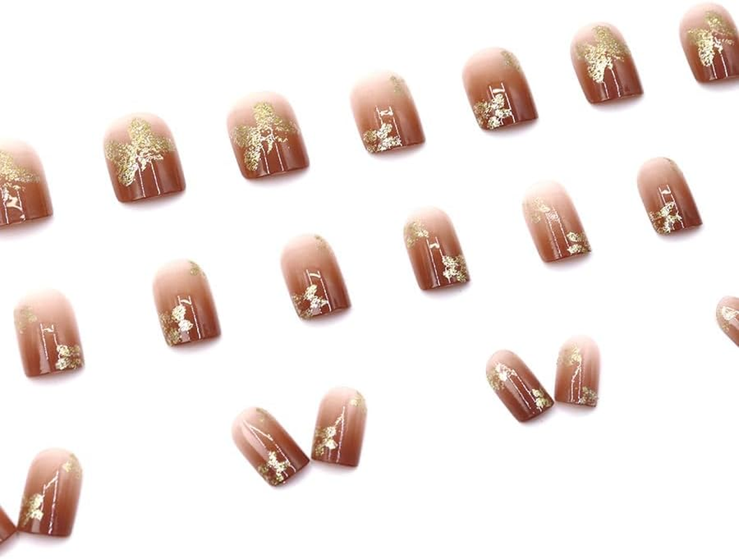 24Pcs Short Press on Nails Square False Nails Brown Red Ombre Fake Nails Glitter Gold Flower Butterfly Stick on Nails Removable Glue-On Acrylic Nail Tips Spring Summer Accessories for Women image number 1