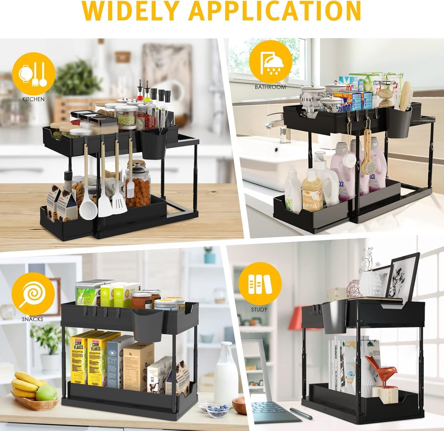 Adjustable Height under Sink Organizers, Wizsofer 1 Pack Double Sliding Bathroom Cabinet Organizer, Kitchen Multipurpose under Sink Cabinet Storage with Hooks and Cup (1PCS) image number 5