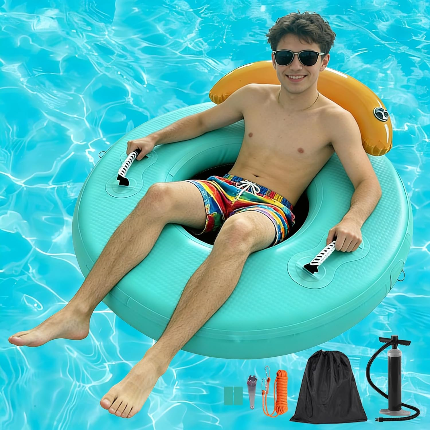 8FT Inflatable Dock round Floating Island with Mesh, Lounge Inflatable Water Hammock Pool Float Ring for Lake
