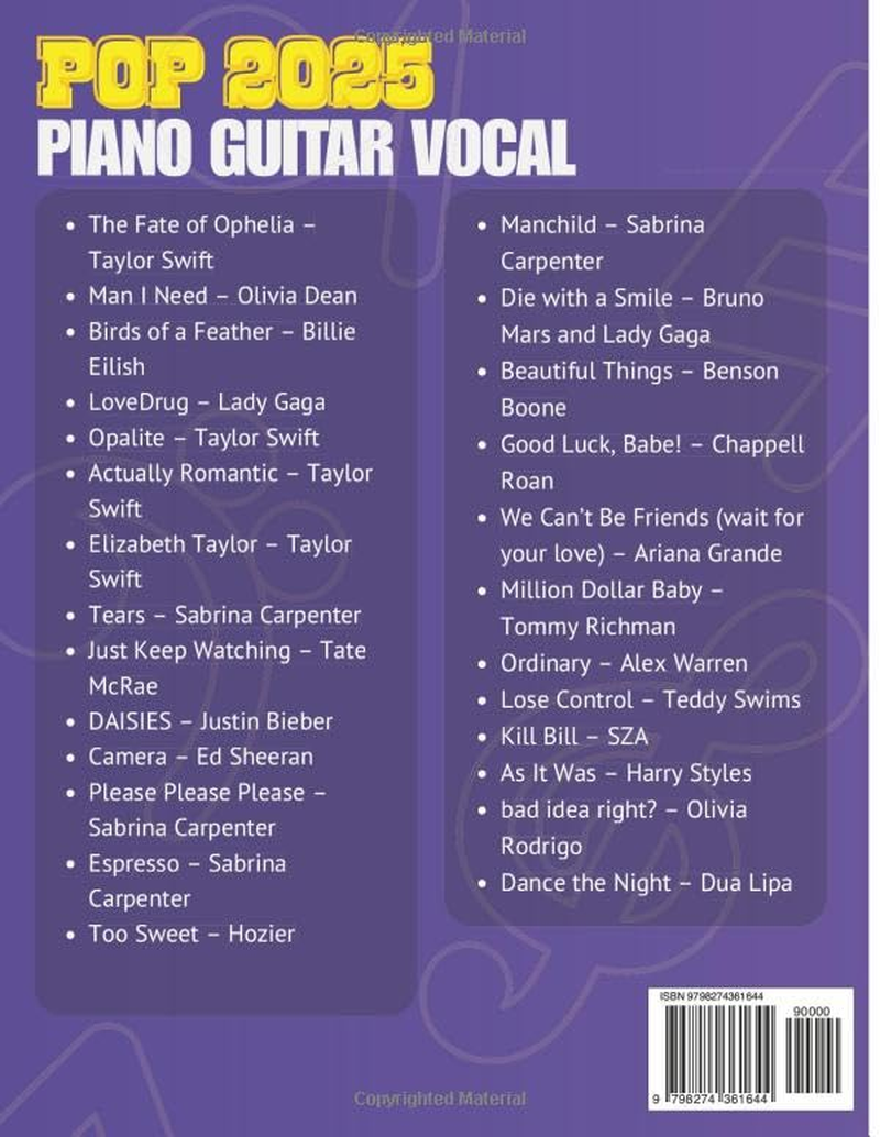 Ultimate Pop Sheet Music Collection 2025: Full Songs for Piano, Guitar & Vocal for Beginners and Intermediates