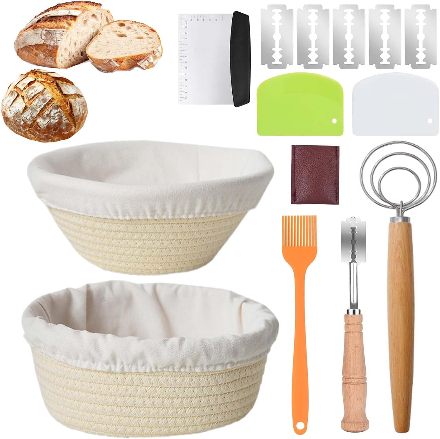 Sourdough Starter Kit,Sourdough Bread Baking Supplies with 9.8'' round and 9'' Oval Banneton Bread Proofing Basket,Dough Whisk,Bread Lame,Metal Scraper and Silicone Brush