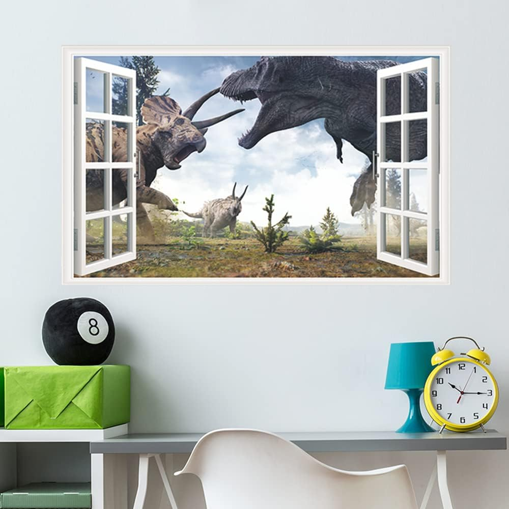 YOWOCAL 3D Watercolour Dinosaur World Fake Windows Wall Sticker,Self-Adhesive Removable Open Windows Wall Decals for Kids Nursery Bedroom Playroom Home Classroom Decor（27''X17''） image number 5