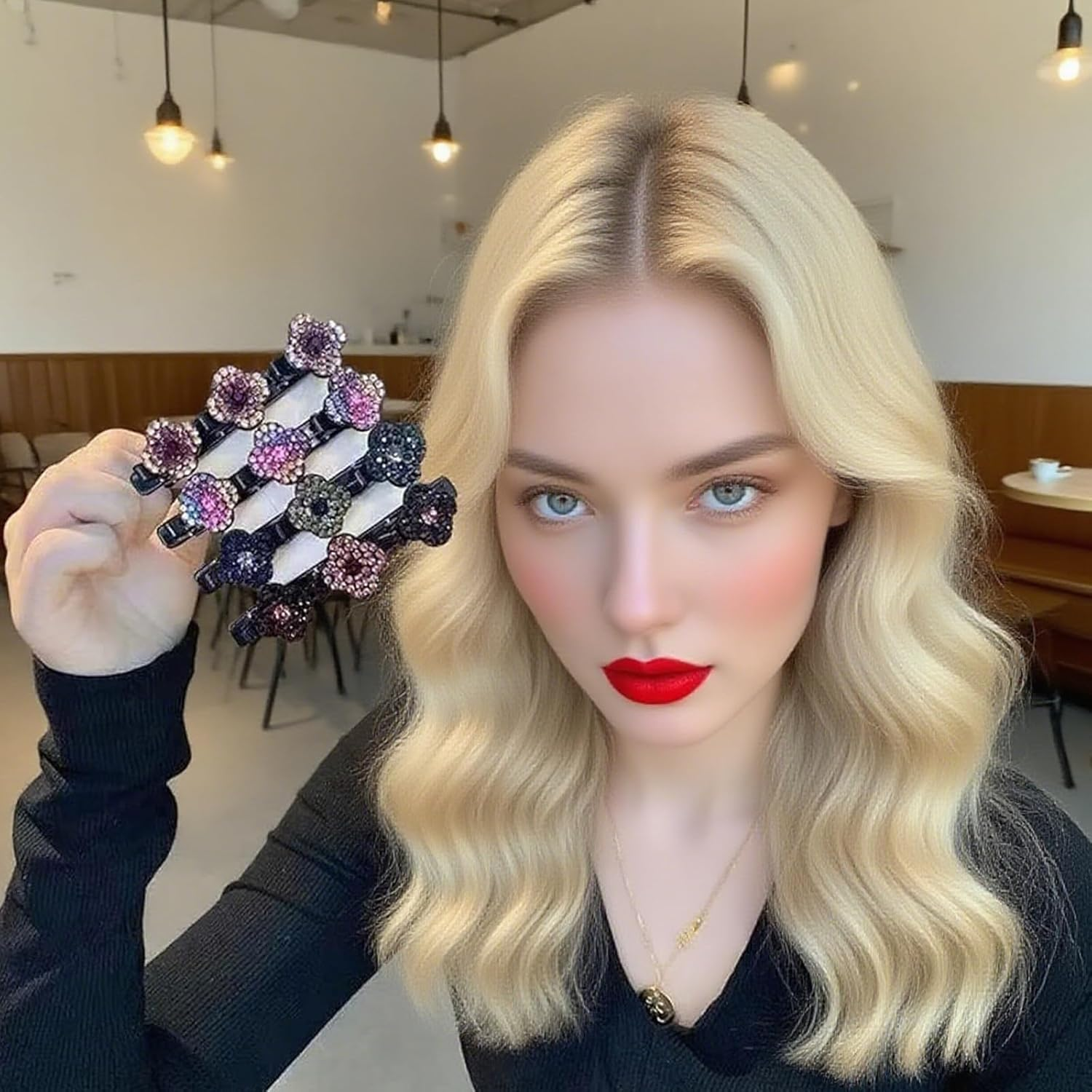 HSUYUN Pack of 4 Sparkling Double Layer Hair Clips, Women'S Stylish Hair Clips, Flower Hair Clips, Double Layer Structure Hair Clip, Suitable for Daily Classes, Work and Dance Performances image number 5