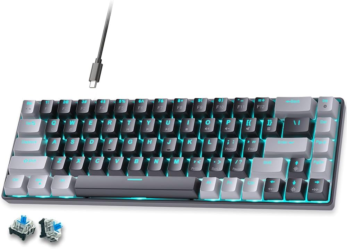 Abucow 60% Mechanical Gaming Keyboard, Black Switch Wired Compact Keyboard with Blue Backlight, Swappable White Keycaps, for Windows/Mac
