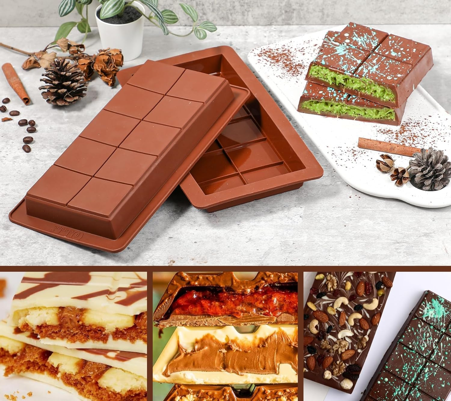 Chocolate Moulds 3Pcs Deep Chocolate Bar Moulds 1 Inch Deep Large and Thick Silicone Chocolate Bar Moulds for Stuffed Bar, Big Chocolate Candy Bar Moulds for Filling Knafeh Pistachio (Largex3) image number 3