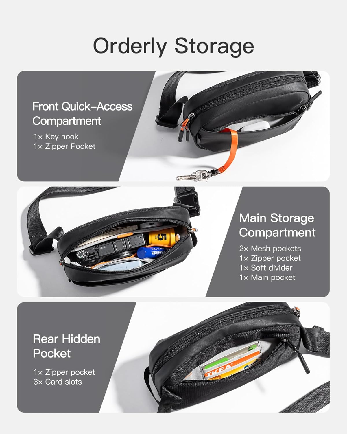 Inateck Sling Bag X-Mini, 1.5L Fanny Pack with RFID Blocking, Belt Bag with Ajustable Shoulder Strap, Water-Resistant Crossbody Bags for Women and Men, Waist Bag for Travel, Hiking, Cycling, Black - Black image number 5