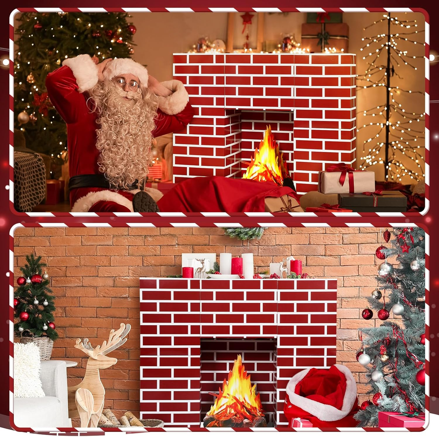 15 Pcs Christmas Cardboard Fireplace Prop Set Red Brick Cardboard Fireplace with Fake Fire Fake Flame Red Brick Boxes Cardboard Blocks for Christmas Home Party Decorations