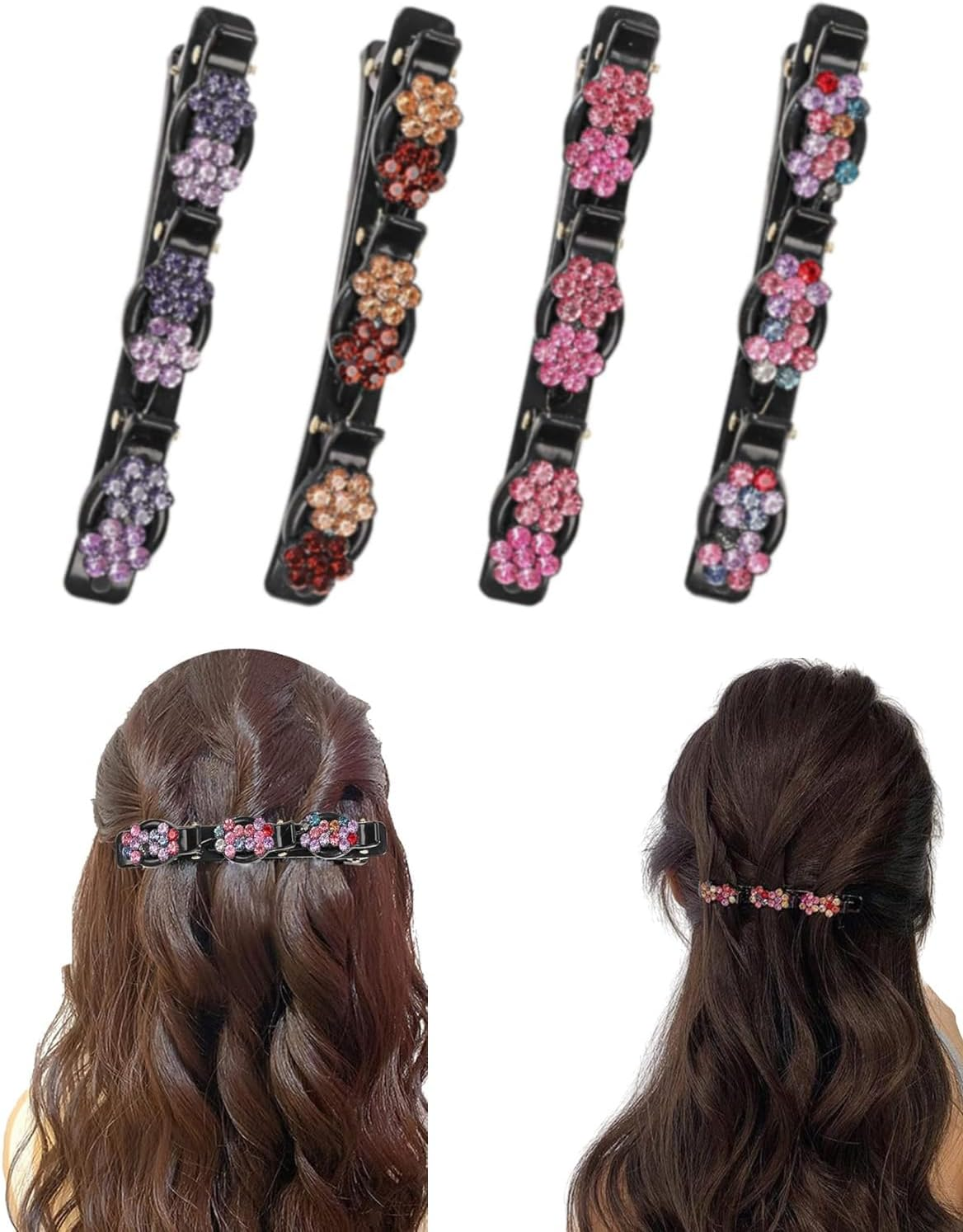 BPTRKOM Pack of 4 Glittering Crystal Stone Braided Hair Clips with Crystal Flower, Elegant Hair Styling Clips, Butterfly Hair Clips, Hair Accessories for Women image number 3