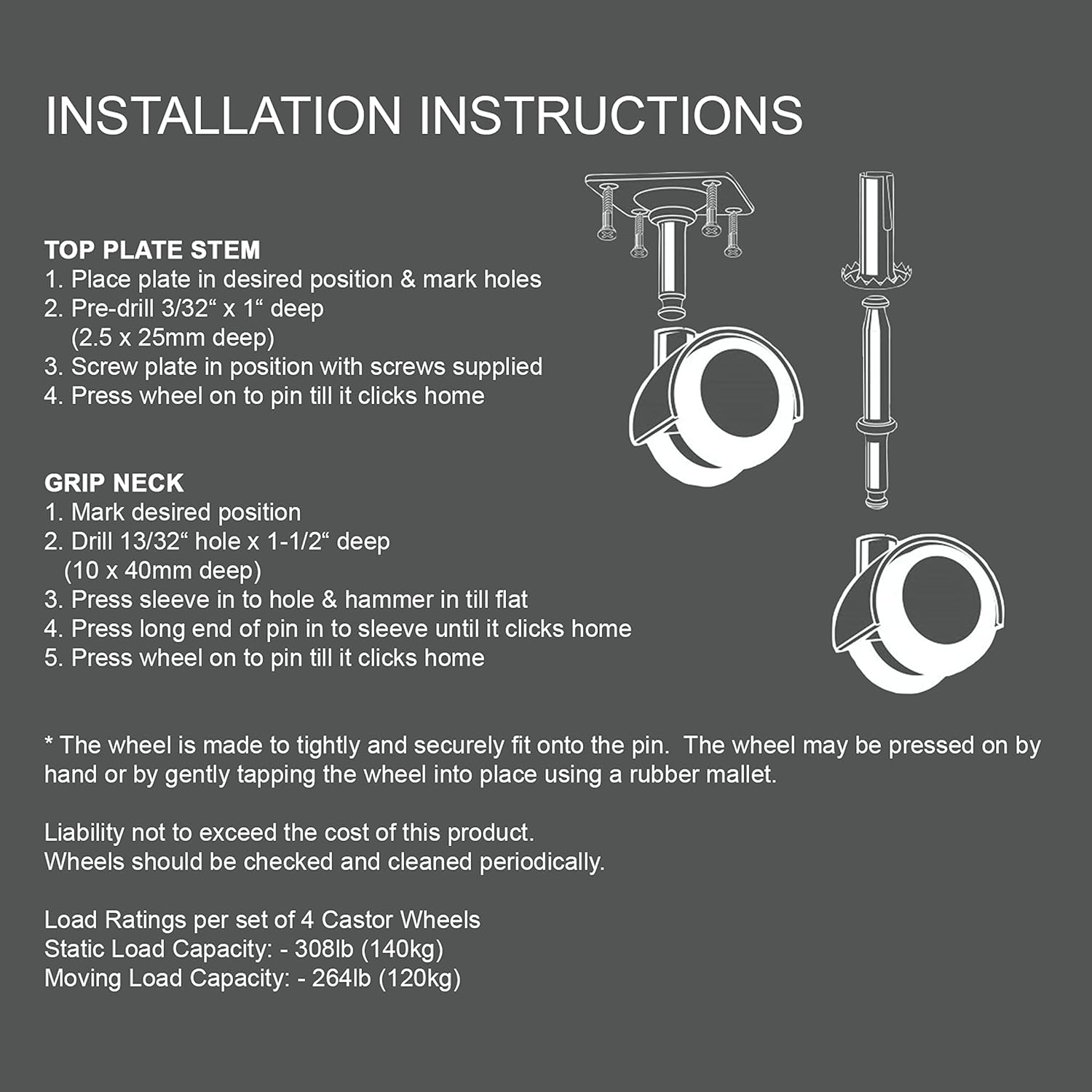 Slipstick CB681 2 Inch Floor Protector Rubber Caster Wheels (Set of 4) 5/16 Inch Stem or Top Plate Mounting Options - Black/Gray image number 6