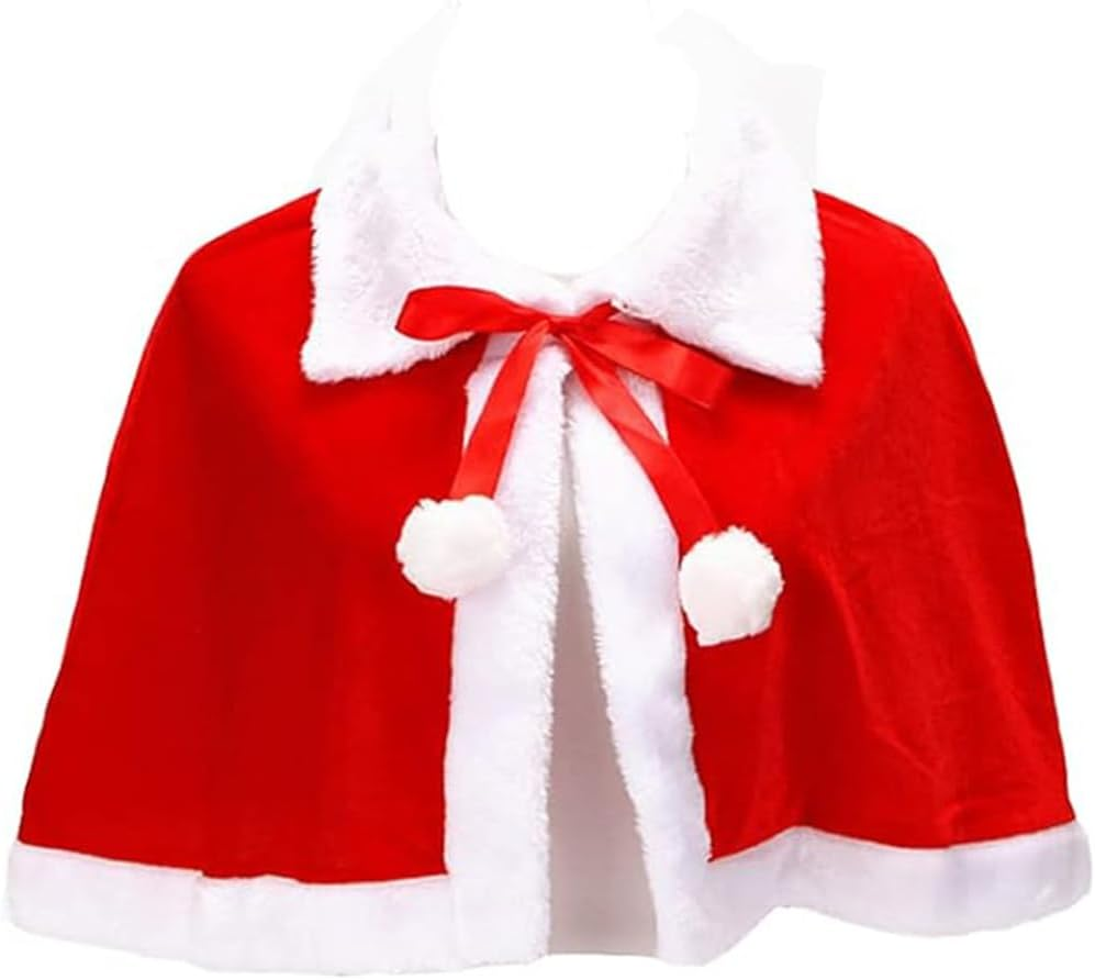 Christmas Red Velvet Shawl Cloak Cape Mrs Santa Cape Robe Halloween Carnival Dress up Cosplay Costume for Kid with Hat