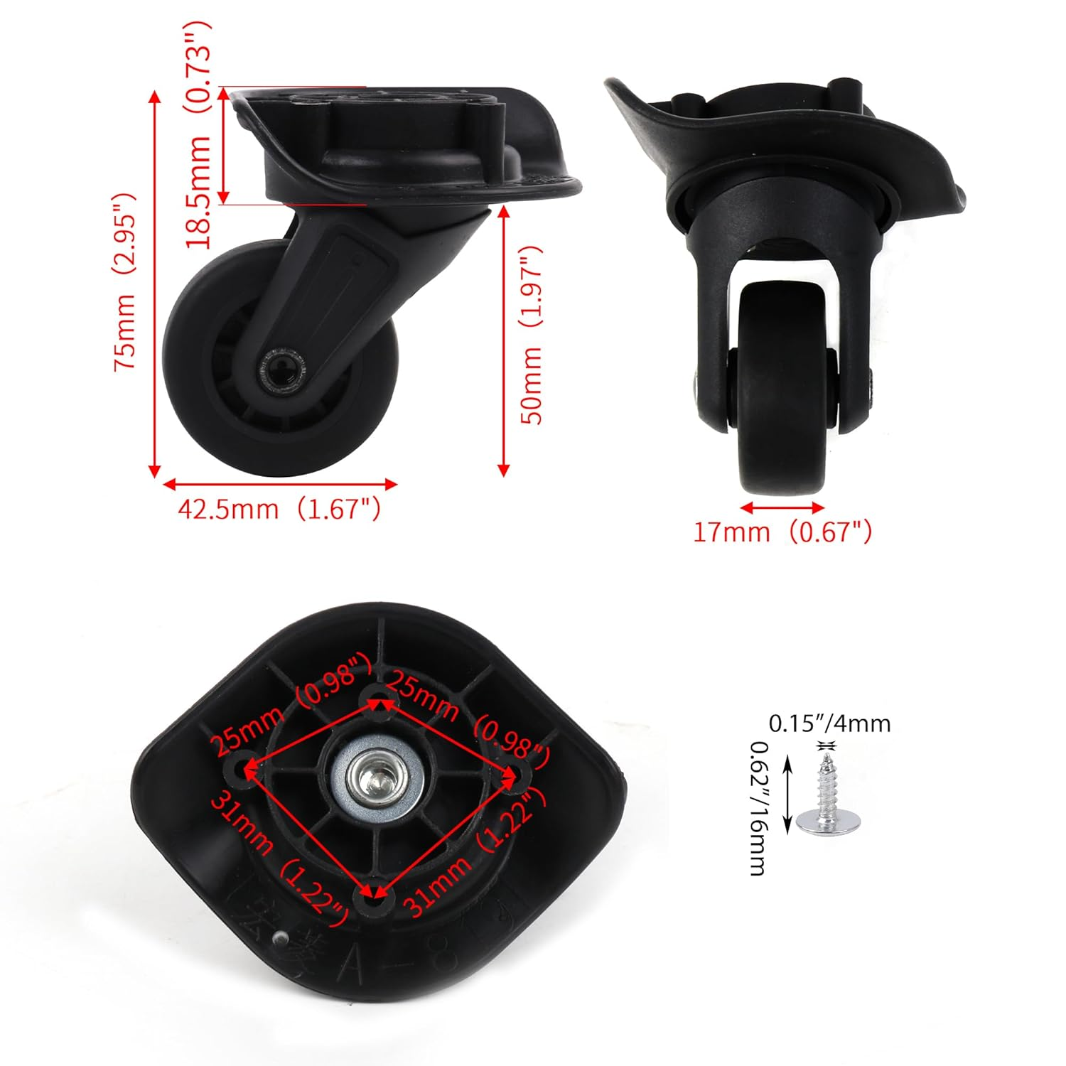 BQLZR Replacement Luggage Wheels Left and Right Suitcase Caster W142 Black Pack of 2 image number 3