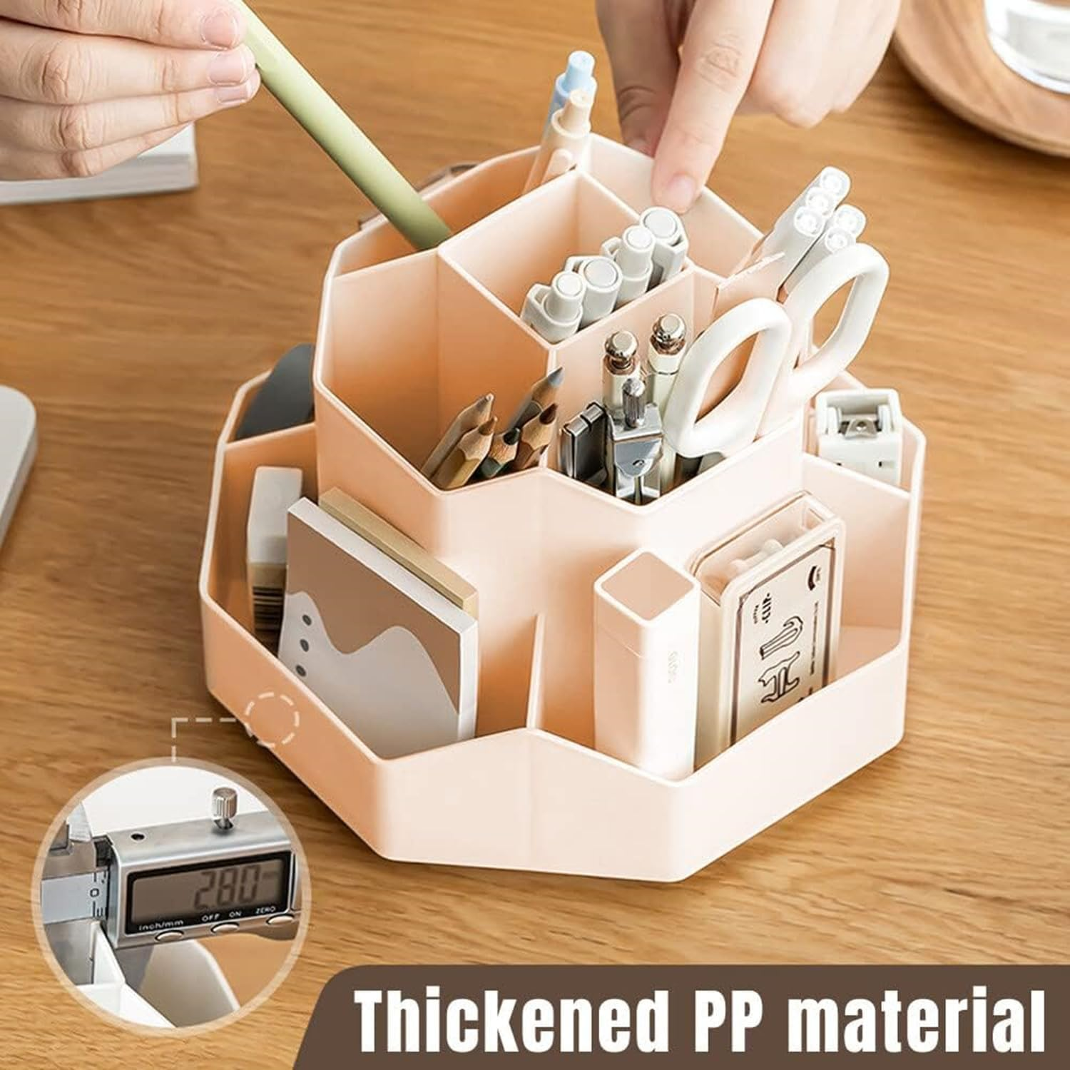 JCZD Rotating Pen Holder, Stationary Organiser, Pen Holder for Desk 9 Compartments, Upgraded Large Capacity 360&deg;Rotatable, Can Accommodate Pencils, Colored Pens, Various Stationery (Pink) image number 5