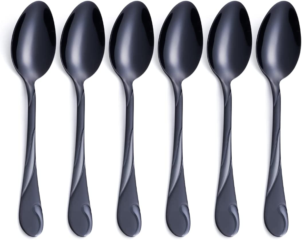 Black Dessert Spoon Set, Seeshine 6.5-Inch(16.5Cm) Stainless Steel Shiny Black Teaspoon, Espresso Coffee Spoon, Set of 6