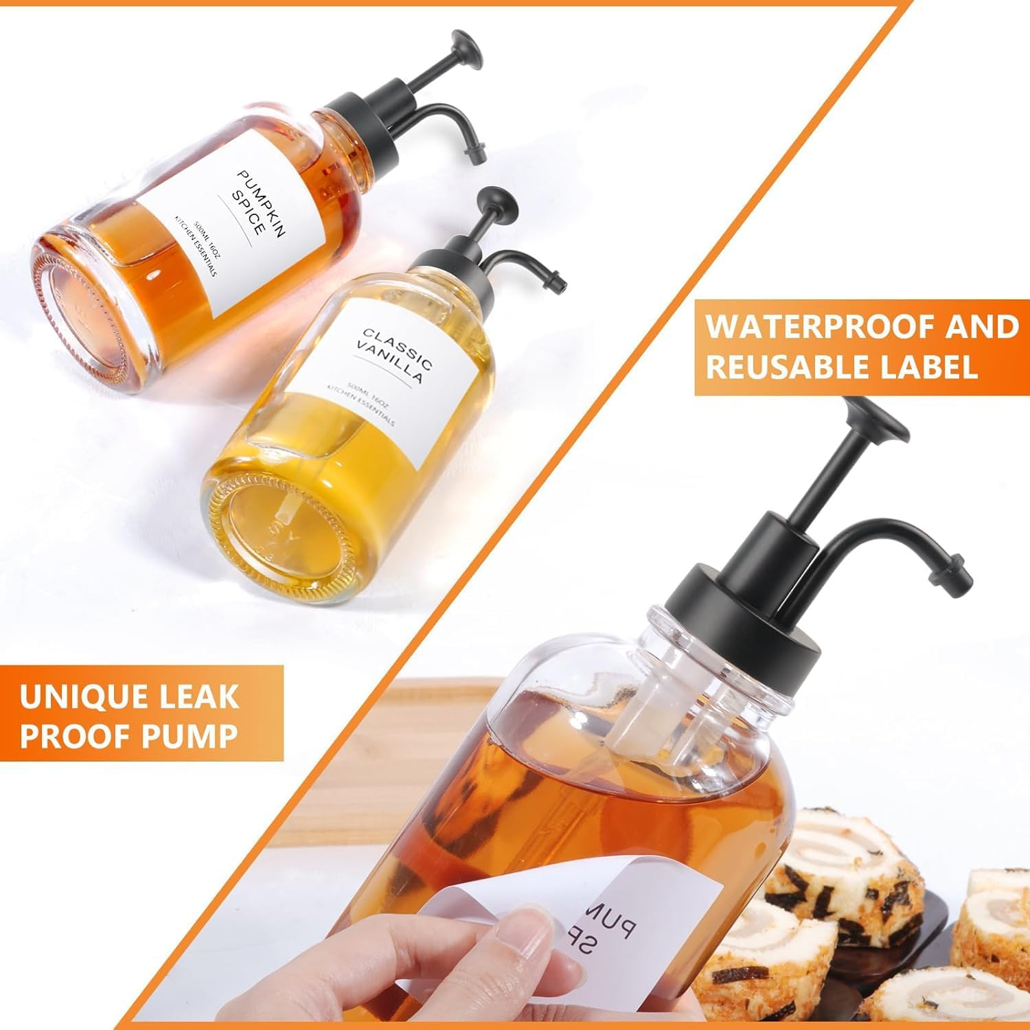 Syrup Dispenser, Coffee Syrup Dispenser for Coffee Bar, Simple Glass Syrup Bottle and Bamboo Tray, Syrup Pump Dispenser 16.9 Oz 500 Ml, Set of 2, Gold, Coffee Bar Accessory - Silver image number 4