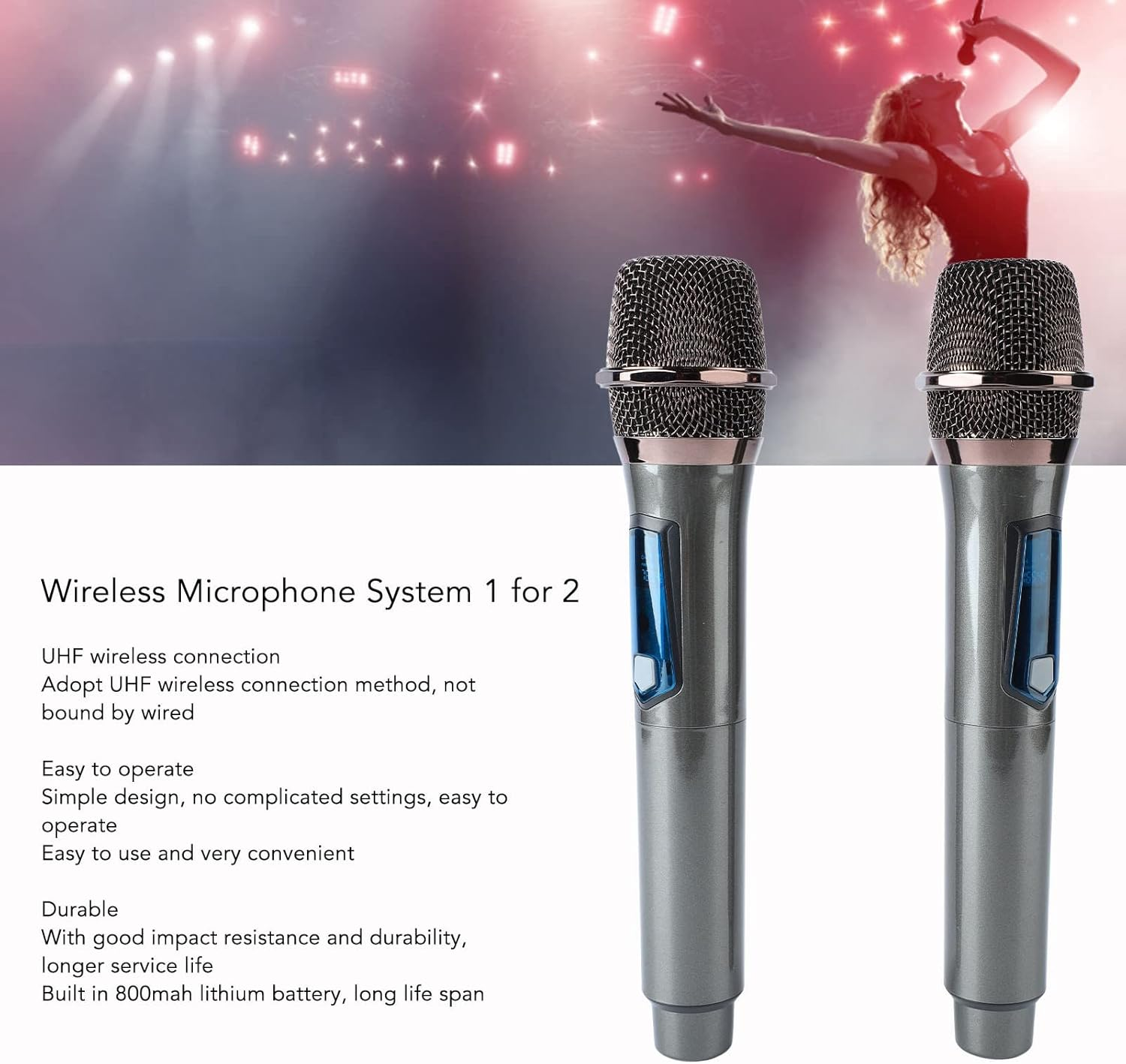 UHF Wireless Dynamic Cordless Mic, Easy to Operate, Durable, Hifi, with Rechargeable Receiver, 160Ft Range, for Karaoke Machine, Singing,