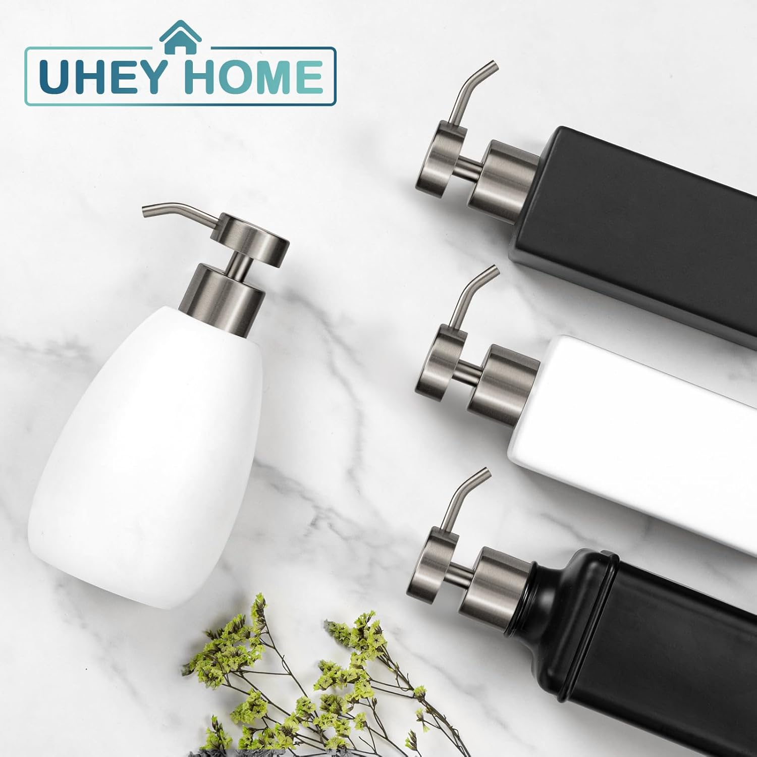 UHEY HOME Soap Dispenser Pump Replacement 304 Stainless Steel for Regular Mouth Bottle for Standard 28/400 Thread Size Kitchen Bathroom Lotion Refill Flat Top Dispenser Pumps 2 Pack(Brushed Nickel) - Brushed Nickel image number 6