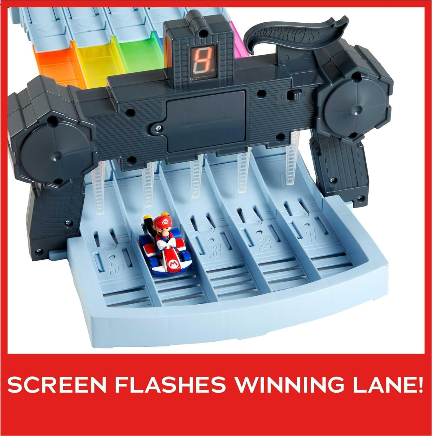 Hot Wheels Mario Kart Rainbow Road Raceway 8-Foot Track Set with Lights & Sounds & 2 1:64 Scale Vehicles, Race with 5-Track Colorful Course with 2 Configurations, Toy for Kids Ages 4 Years Old & Up image number 5