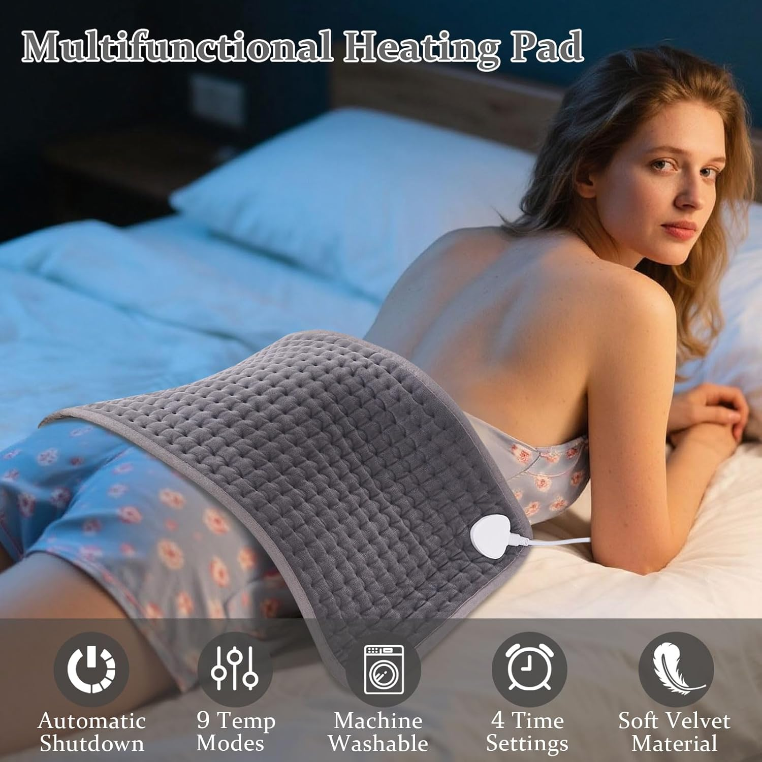 Oolong Electric Heating Pad for Back & Neck Pain Relief - Large 40X76Cm Moist/Dry Heat Therapy Pad with 9 Adjustable Settings, 4 Timer Modes & Auto Shut Off, Machine Washable (Grey) image number 3