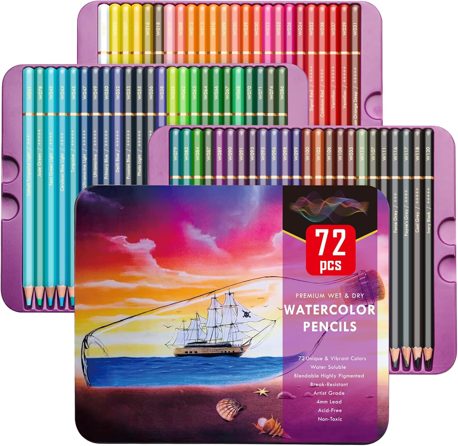 72 Watercolor Pencil Set Quality Soft Core Colored Leads for Adult Artists, Professionals, Ideal for Coloring Drawing Sketching Shading Blending image number 3