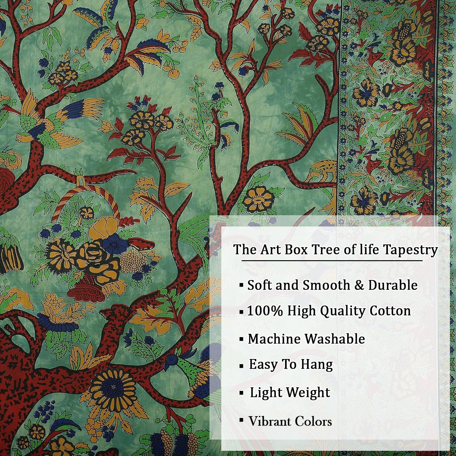 THE ART BOX Tapestry Green Tree of Life Wall Hanging Psychedelic Tapestries Indian Cotton Twin Bedspread Picnic Sheet Wall Decor Blanket Wall Art Hippie Bedroom D&eacute;cor (Medium, 60X54 Inch) image number 2