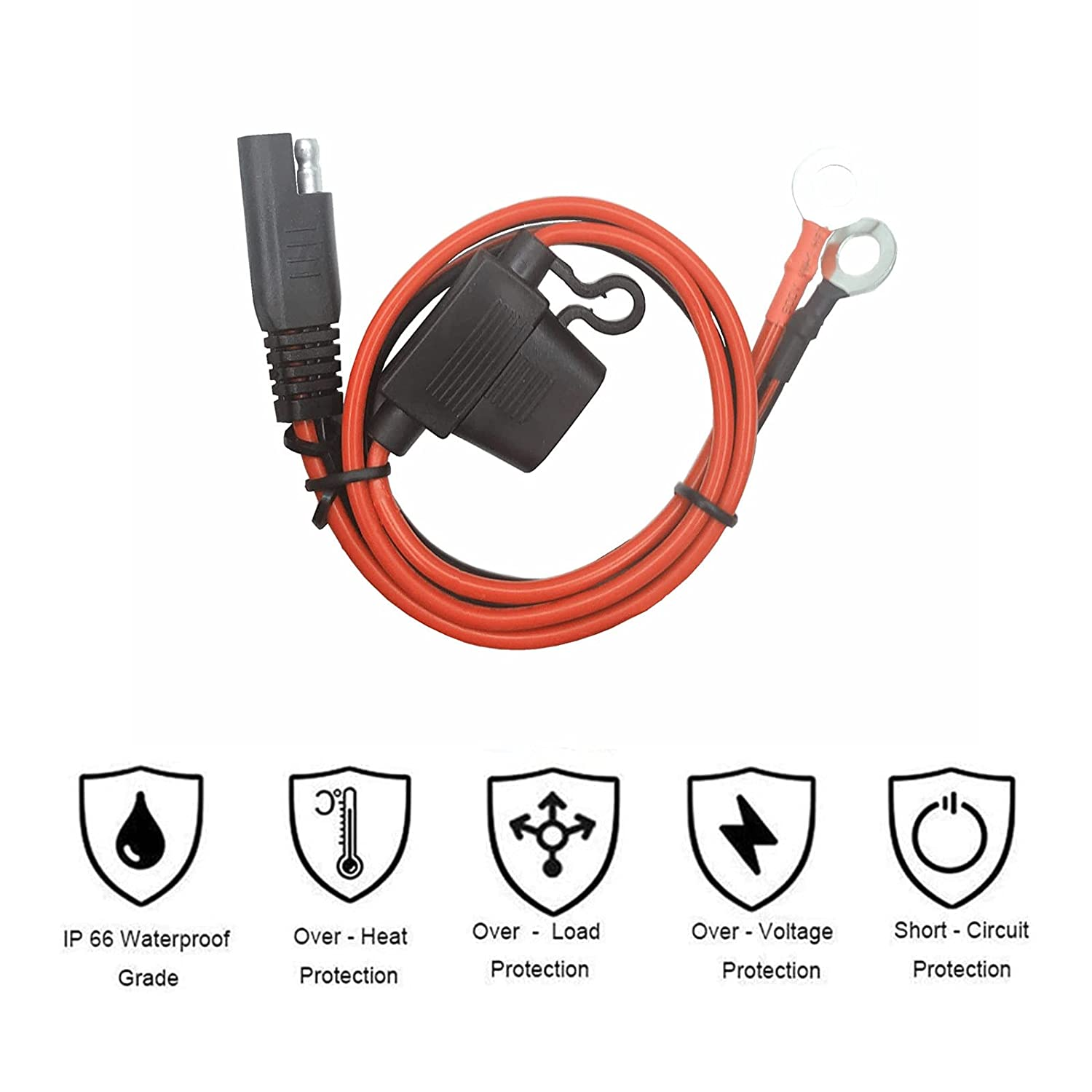 O Ring Terminal Cable - 2FT SAE Connector, SAE Plug to Battery Charger Cord, Solar Panel Cord Ring Terminal Harness Extension Adapter 2 Pin Quick Connect and Disconnect with 15A Fuse (3) image number 2