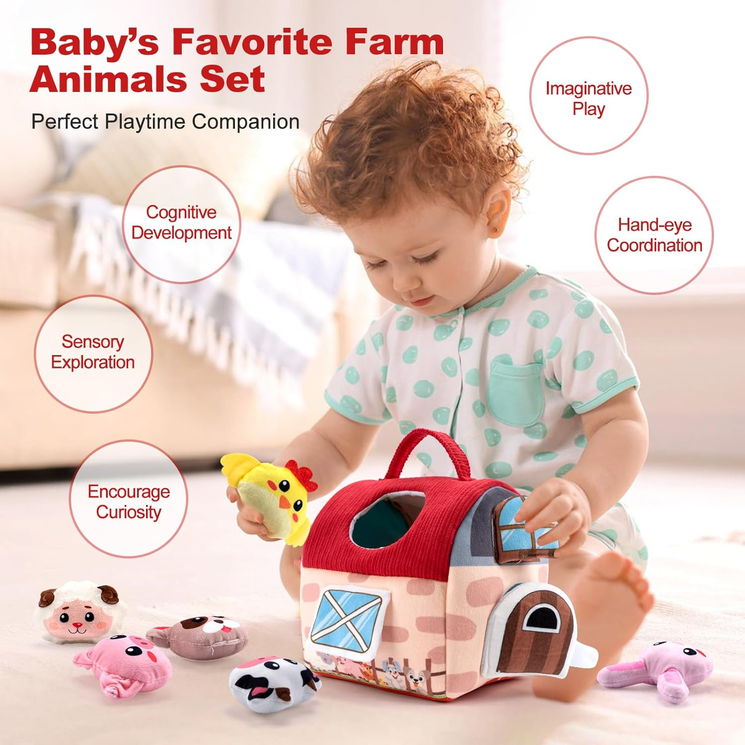 Rayouth Baby Toys 6-12 Months, Soft Barn House with 6PCS Stuffed Farm Animals, Sensory Montessori Toy for Toddlers 1-3, Rattle, Crinkle Sound & Mirror, Infant Boys Girls Developmental Birthday Gifts