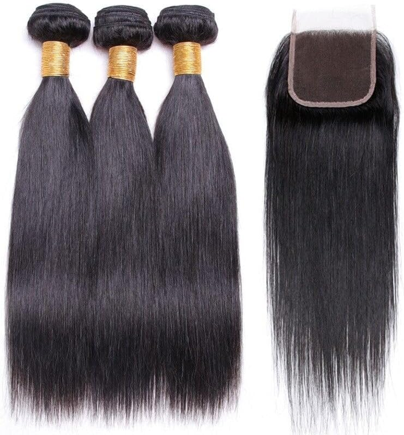 Muaby Straight Human Hair Bundles with Closure Brazilian Virgin Hair Weave Bundles Human Hair Free Part 4 X 4 Lace Closure Natural Colour Can Be Dyed 3 Bundles and Closure 12 14 16 + 10 Inches image number 4