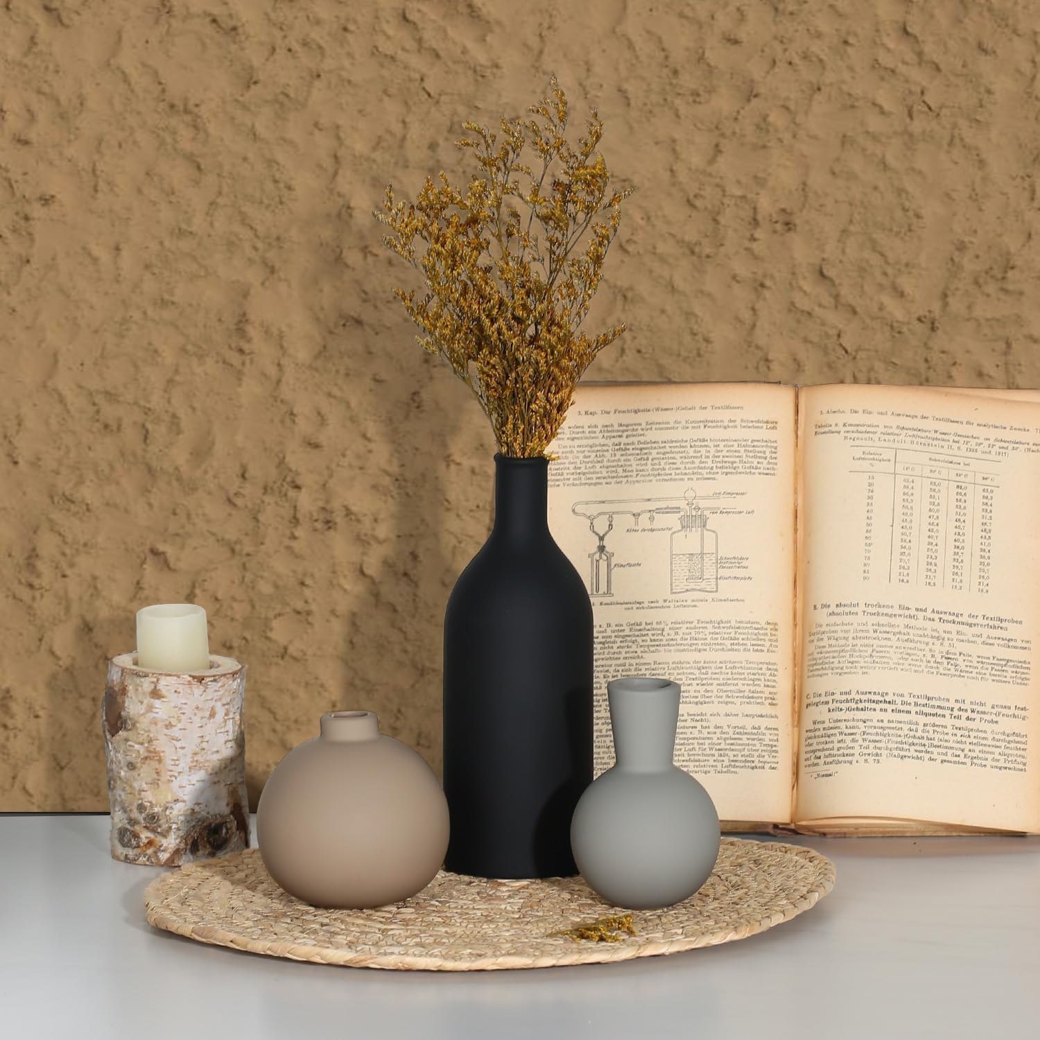 Ceramic Vase - Handmade Pottery Neutral Tone Home Decor for Floral Arrangements, Table Mantel Tray Decor - Modern Farmhouse Vases for Living Room Bedroom Kitchen Entryway (Multicolor- 3 PCS) (Black) image number 1