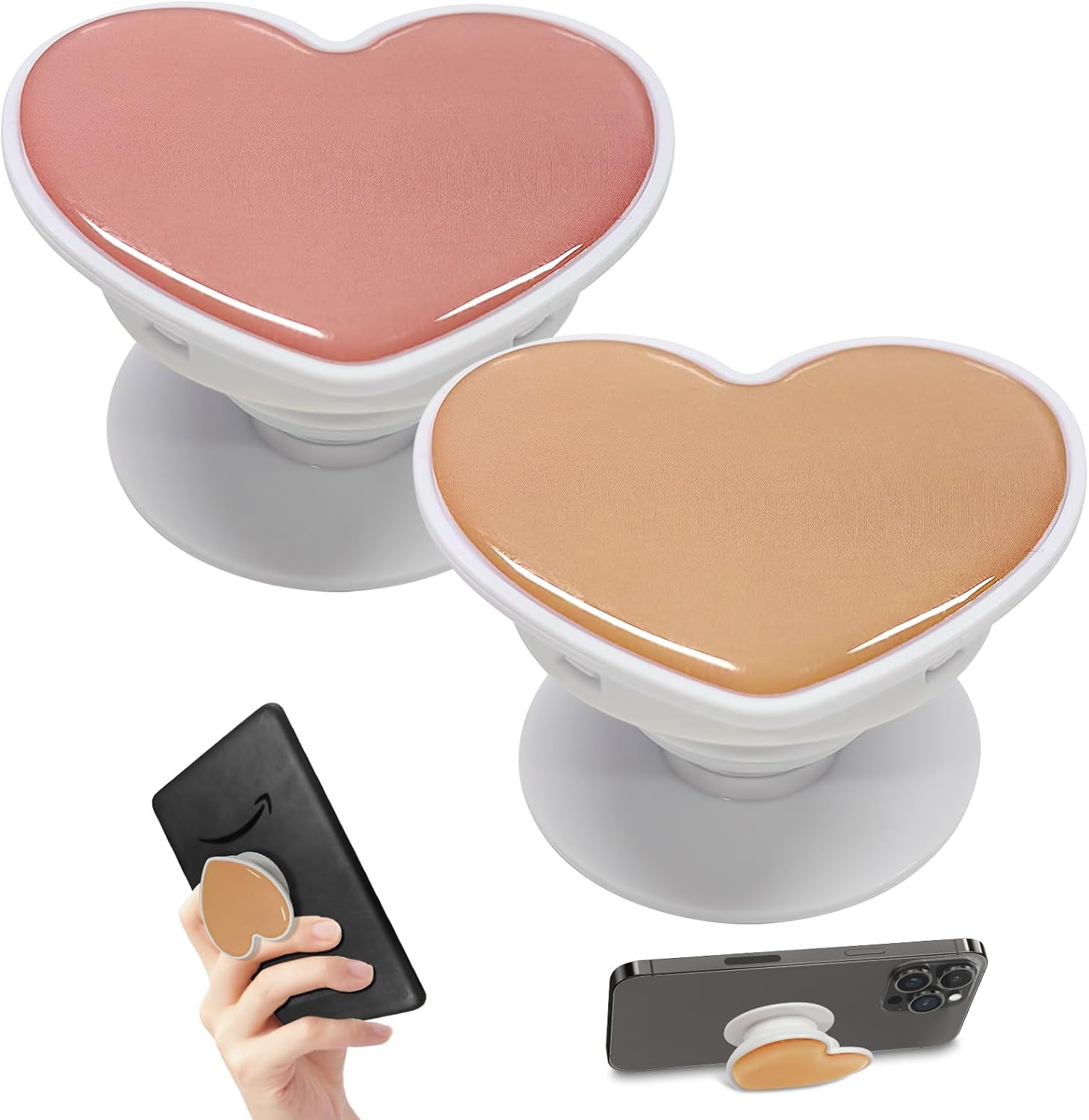 T Tersely 2Pack Cell Phone Holder for Kindle, Cute Heart Shape Collapsible Stand Expandable Multi Functional Mobile Phone Grip Stand Holder for Smartphone Tablet Cell Phone Accessory (Black+Pink)