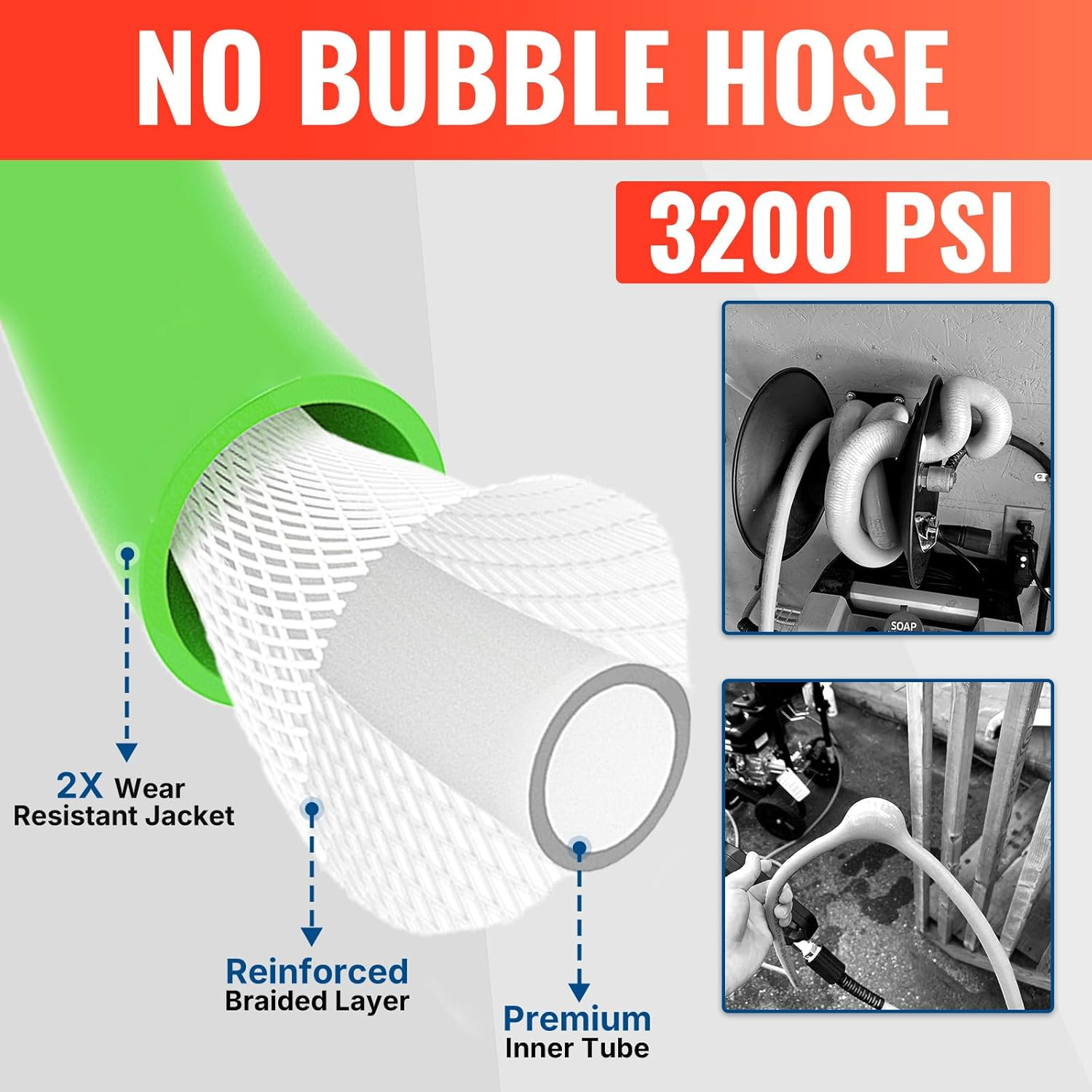 YAMATIC Super Flexible Pressure Washer Hose 25FT for Power Washer Replacement, Kink Resistant Extension with Leak-Free M22 Female & 3/8" Quick Connect Adapters, 1/4" 3200 PSI, Green image number 4