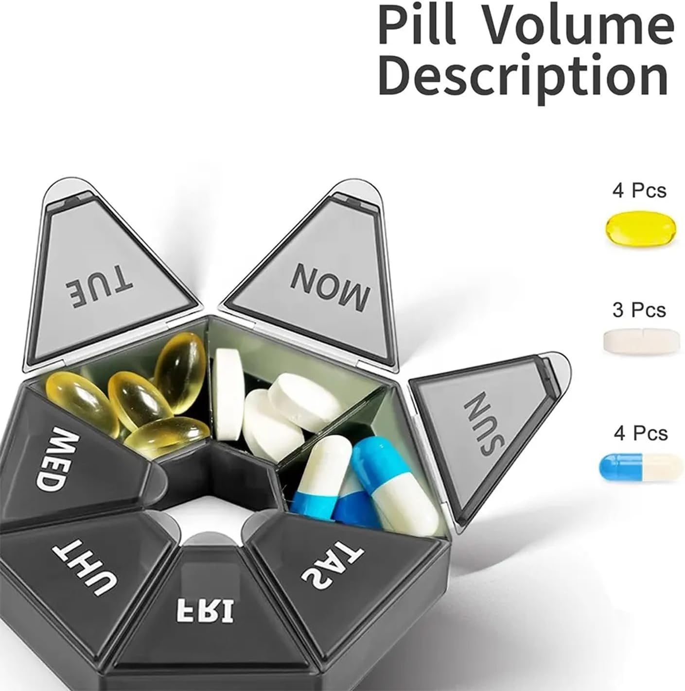 Weekly Pill Organizer, Portable Pill Organizers, with 7 Compartments, Travel Pill Case, for Vitamin, Medicine, Fish Oil, Supplements (Black) image number 5