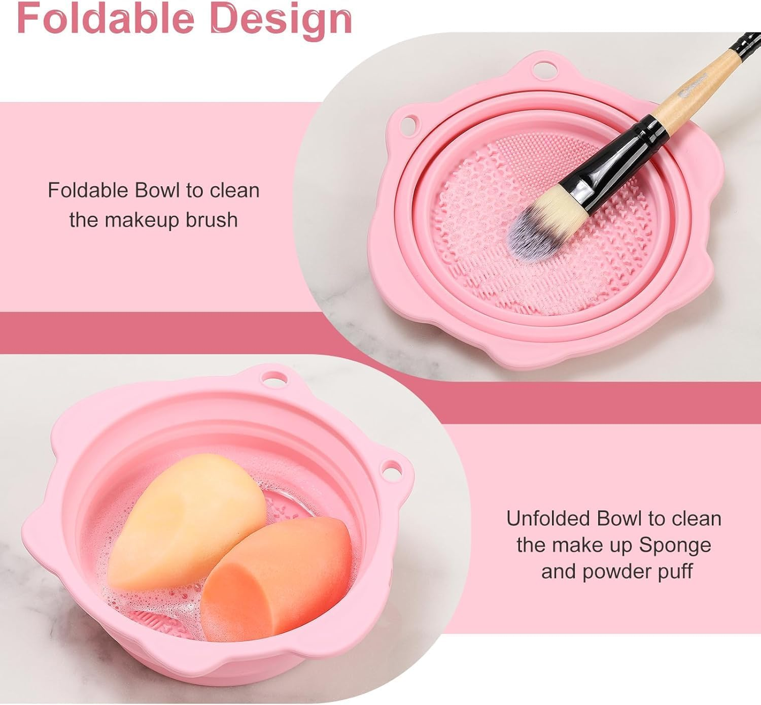 Makeup Brush Cleaner, Foldable Silicone Brush Cleaner Bowl Srubber, Portable Washing Tools for Makeup Brush,Powder Puff,Sponge (Pink, 14.5 * 14.5 * 5 CM) image number 5