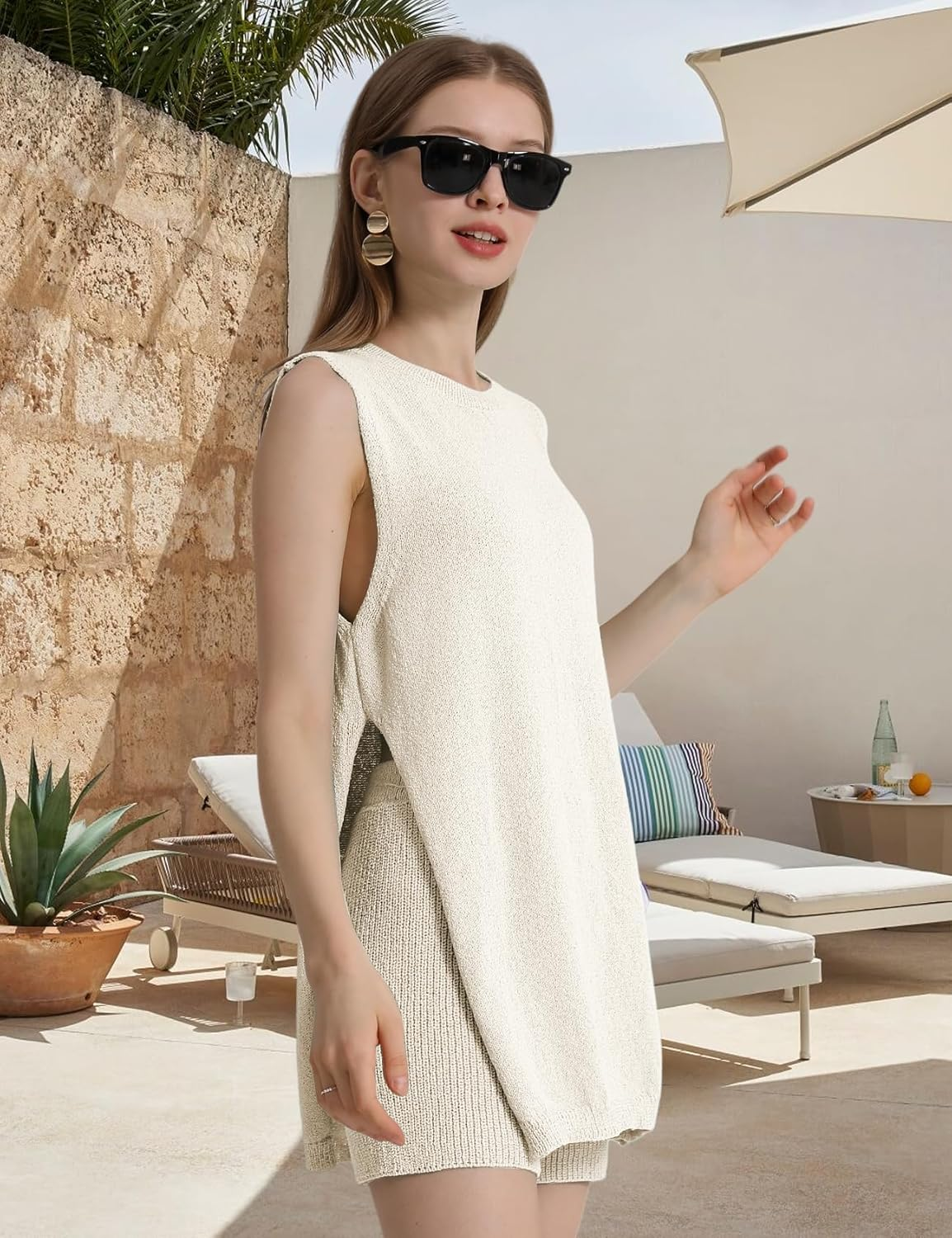 Wyeysyt Women'S Summer Sweater Set Sleeveless Tunic Top and Shorts 2 Piece Outfits Beach Vacation Sets Tracksuits image number 2