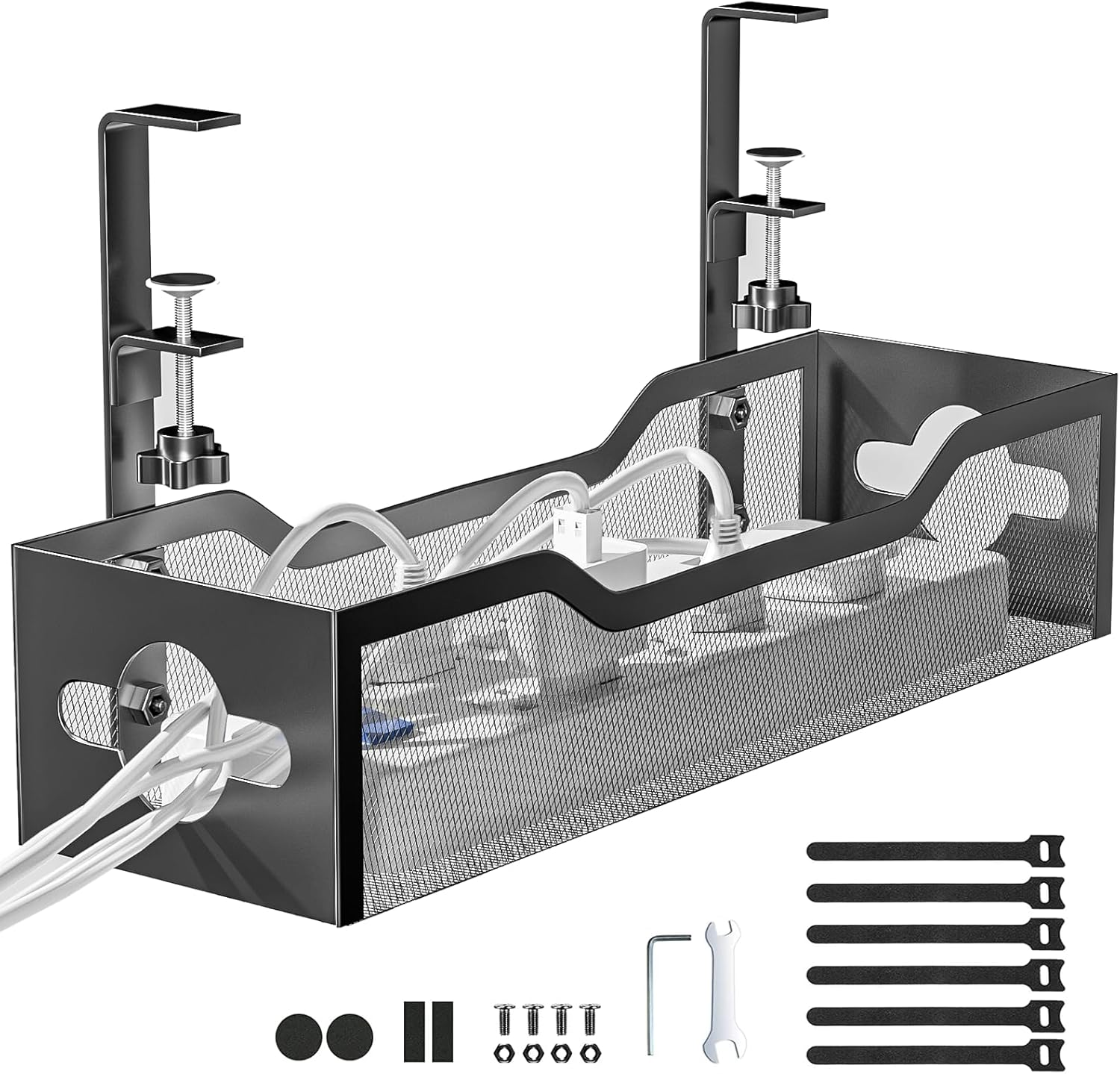 Litwaro under Desk Cable Management Tray, No Drill, Organizer with Clamp Easy to Install for Standing Cord Organizer, Wire Damage Desk, Black, 13.38''-2 Pack