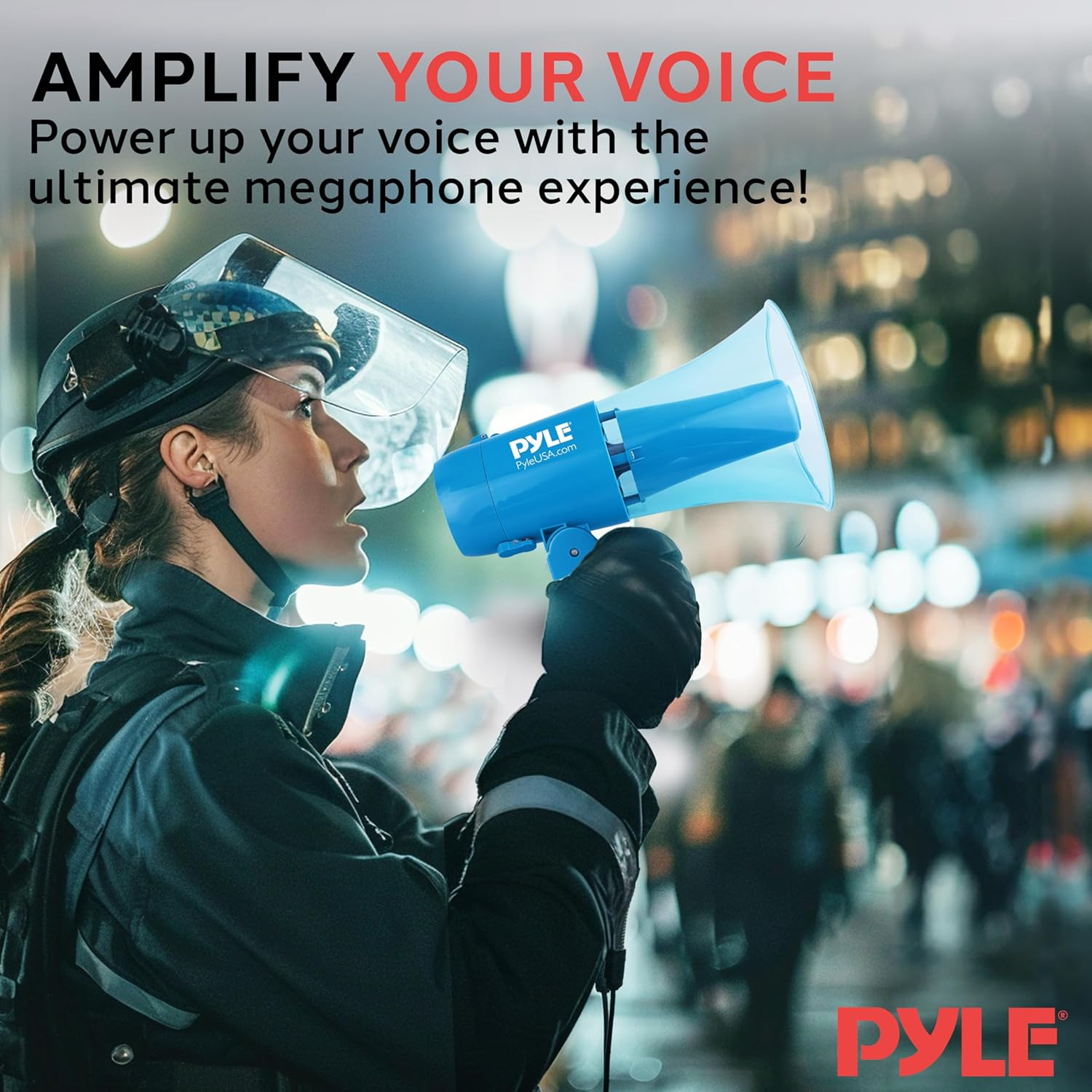 Pyle 30W Megaphone Siren Bullhorn Speaker, Rechargable, Portable and Lightweight Automatic Bullhorn for Indoor & Outdoor Use, 500 Square Yards Projection Range, Used as Siren/Music (Transparent Blue) image number 4