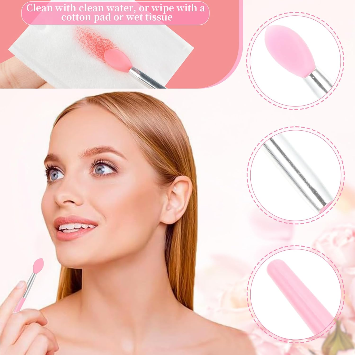 4 PCS Lip Brush & 4 PCS Nose Brush, Double-Sided Exfoliating Lip Scrubber, Soft Silicone Makeup Brushes & Applicator Tools for Smooth Lips & Nose, Gentle Exfoliation & Precise Balm Application (Pink) image number 6