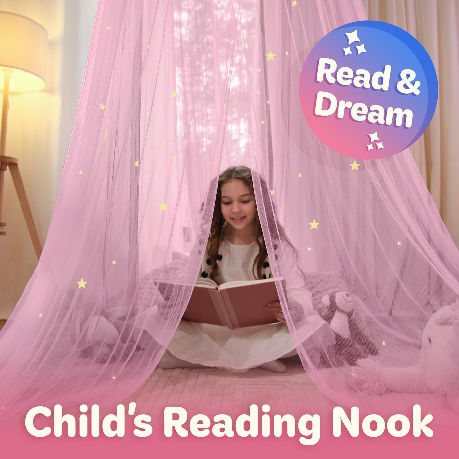 Bollepo Pink Bed Canopy for Girls with Glowing Stars - Canopy Bed Curtains | Fits Single, Twin, Full, Queen Size Kids Bed, Princess Netting Room Decor, Ceiling Tent to Cover Toddler, Canopy for Bed image number 6