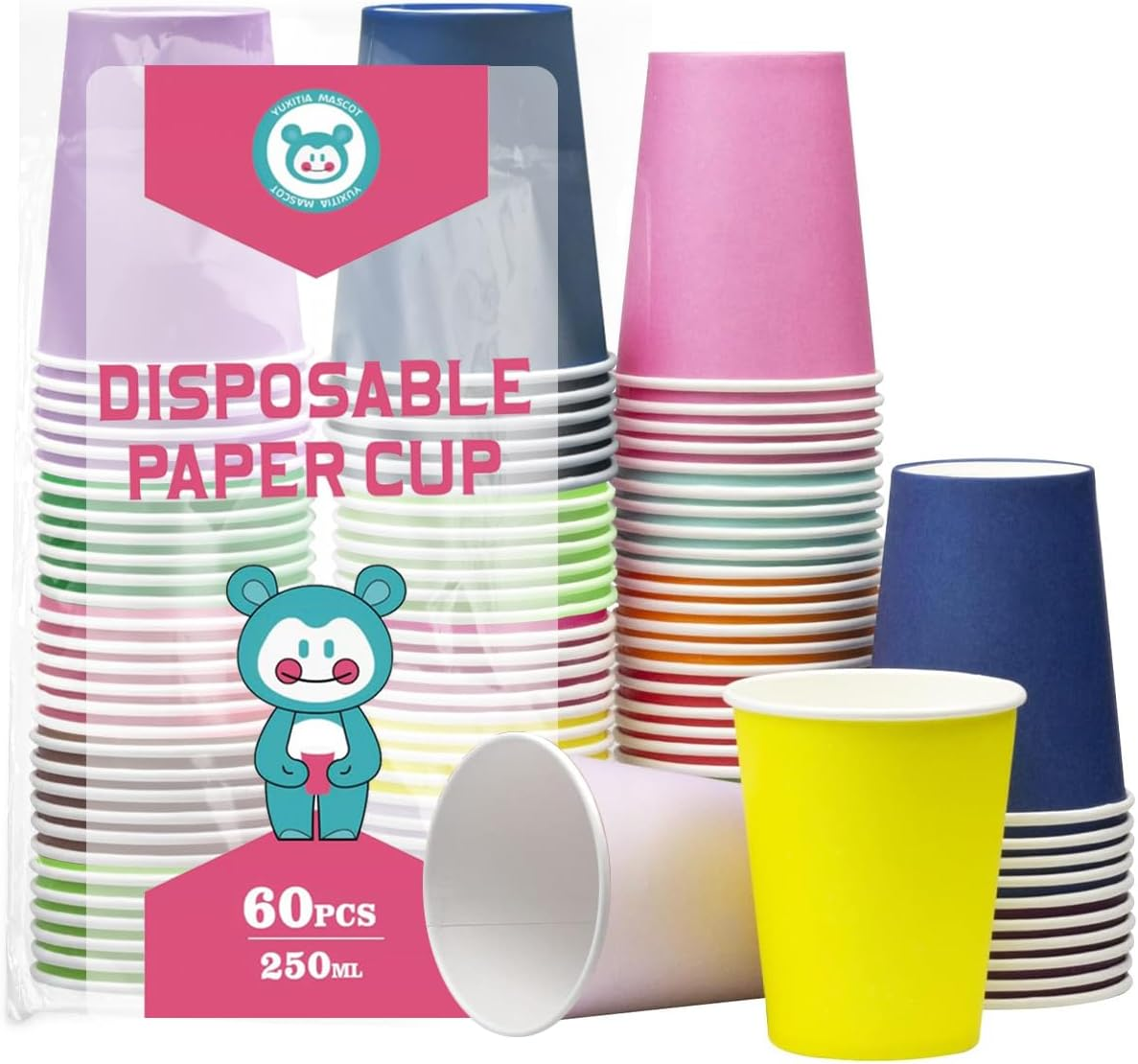 Disposable Paper Cups, 60Pcs Color Paper Cups for DIY Wedding Party Picnic BBQ Travel and Event 8OZ (12 Multicolor)