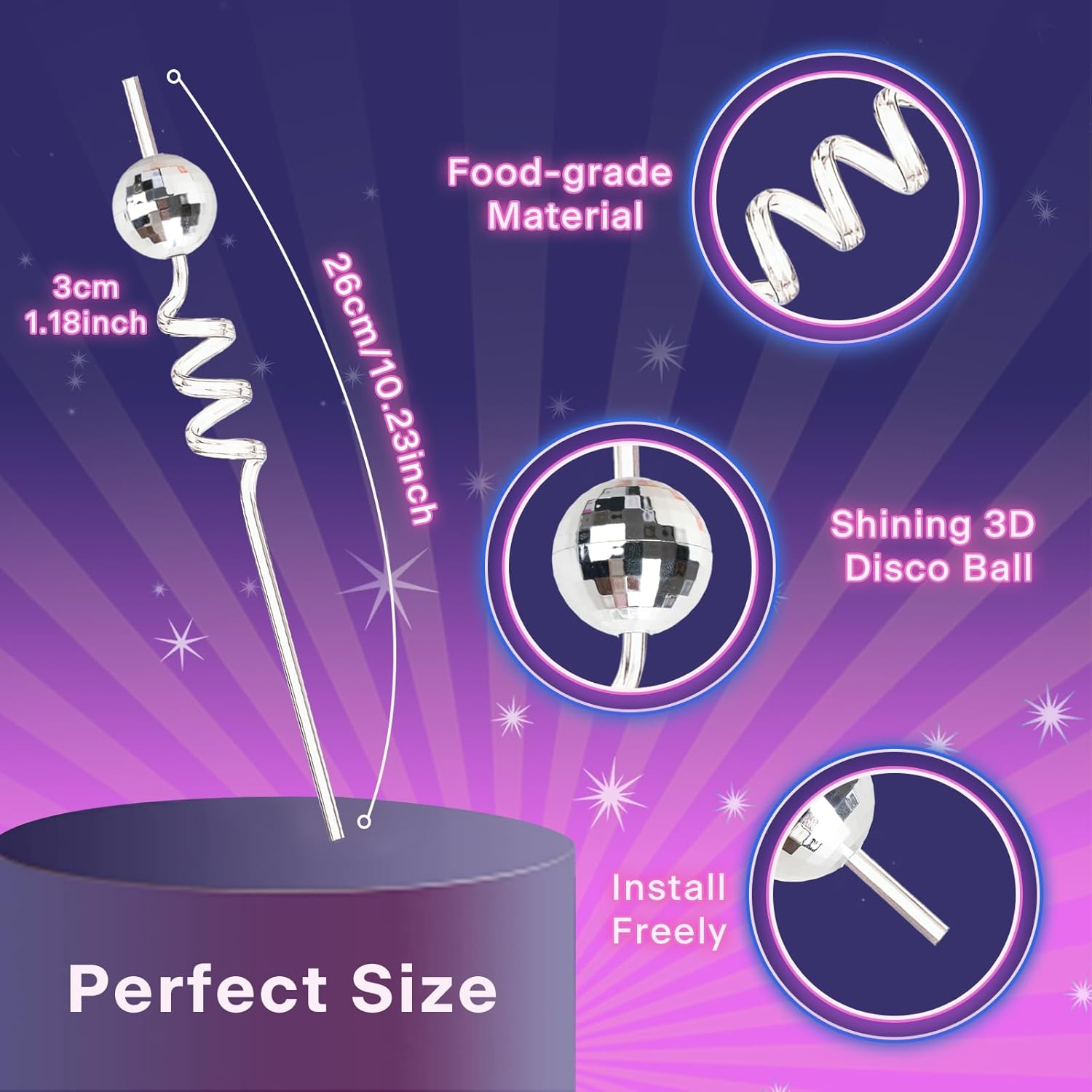 24-Piece Disco Ball Reusable Swirly Straw Set - Vibrant Party Supplies with Groovy Design,70S Disco Ball Straws Perfect for Birthday Bachelorette Decorations and Favors image number 2