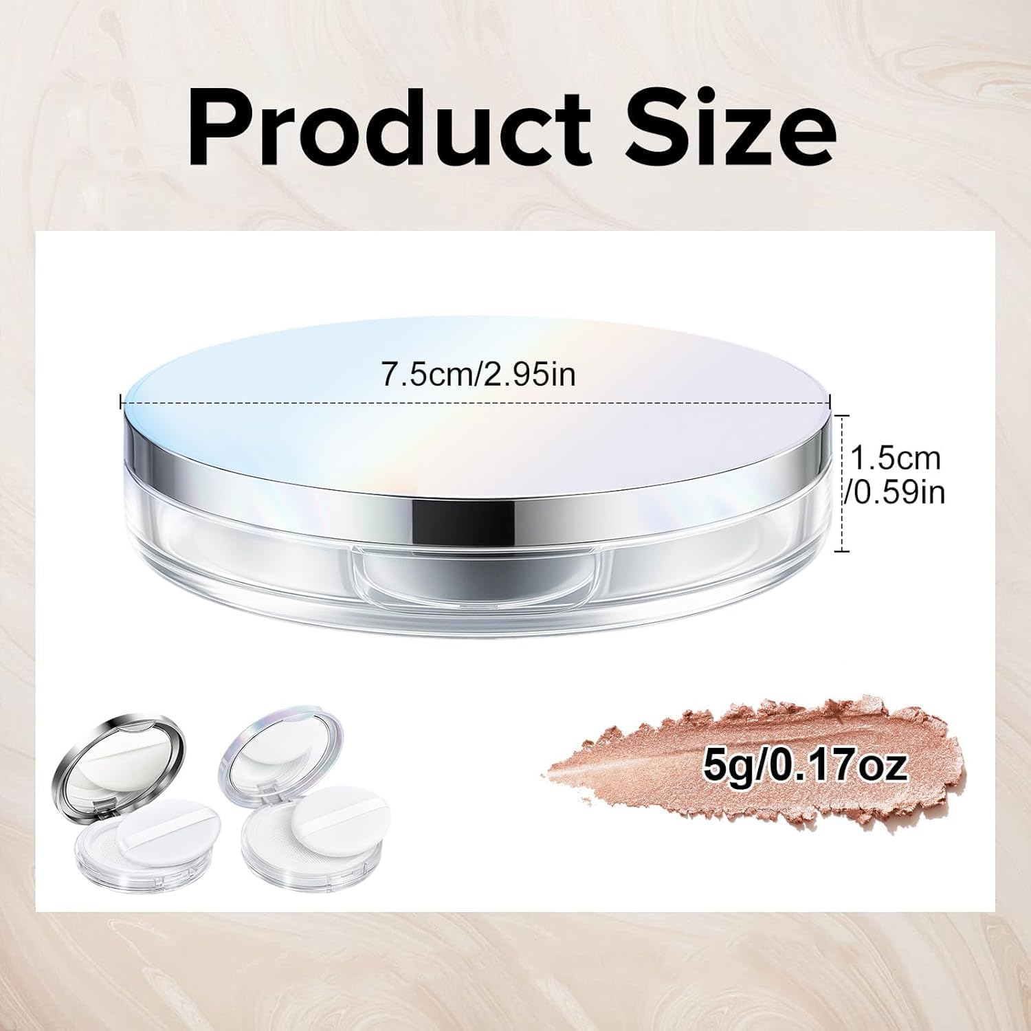 2-Pack Refillable Loose Powder Compact with Puff & Mirror &ndash; Portable Travel Makeup Container with Mesh Sifter, Leak-Proof Empty Case for Blush, Foundation & Setting Powder (Silver, Iridescent Silver) - Pink，Silver image number 4