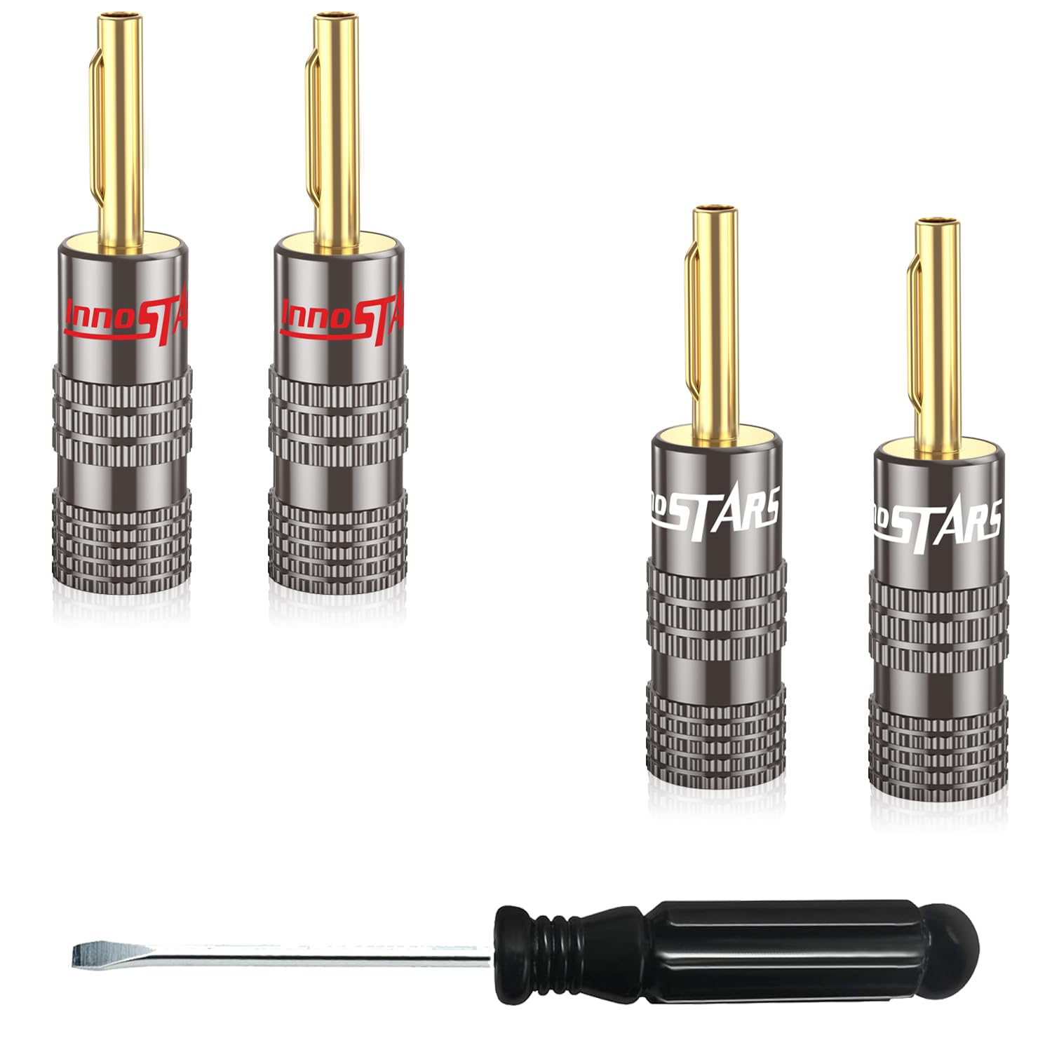 Innostars Right Angle Banana Plugs (6 Pairs / 12 Pcs), Closed Screw 24K Gold Plated Banana Speaker Plug Connectors for Speaker Wire, Wall Plate, Home Theater, Audio/Video Receiver, and Sound Systems image number 3