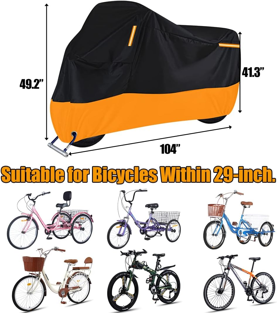 Premium Adult Tricycle Cover, Fit All 3-Wheel Bike or Motorcycles Outdoor and Indoor Storage, 104" L X 43.3" W X 49" H (Black & Orange) image number 2