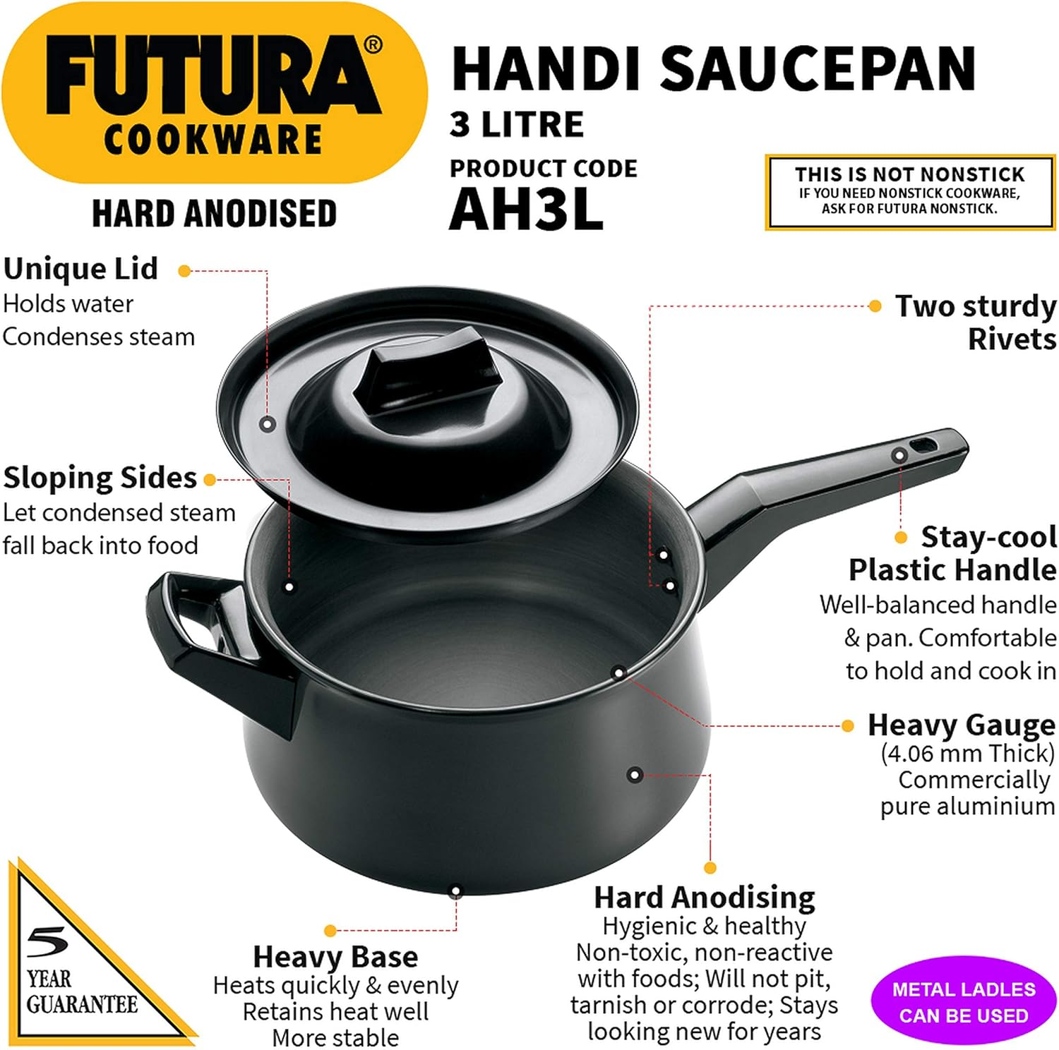 Futura Hard Anodised Handi, 3 Litres. image number 5