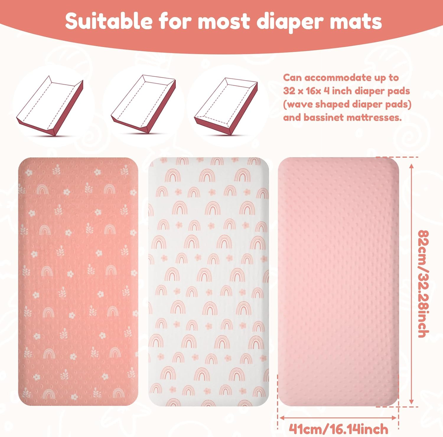 3Pcs Changing Pad Cover Cotton Diaper Changing Pad with Elasticated Straps Soft Breathable Comfortable Stable Diaper Changing Table Pad Sheets Cover for Home Kid (Pink) image number 4