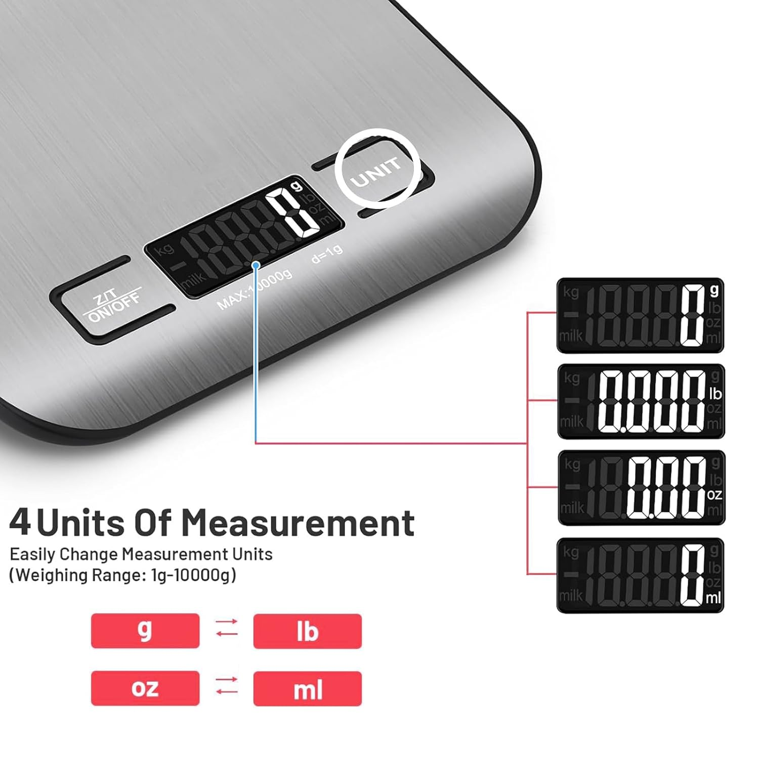 FEBHBRQ Rechargeable Kitchen Scale with USB-C Fast Charging, 10Kg/22Lb Digital Food Scale, 1G Precision, Stainless Steel Platform, Multiple Units (G/Lb/Oz/Ml), Tare Function - Easy to Clean & Auto-Off image number 4