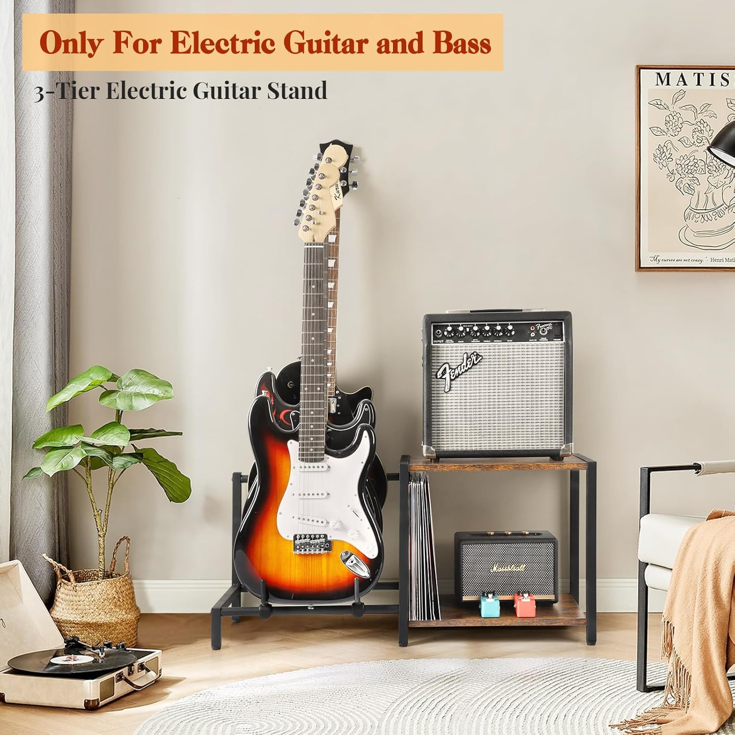 Guitar Stand for Electric Guitar and Bass,3 Guitar Stand Floor with Guitar Amp Stand,Guitar Rack for Multiple Guitars, Guitar Accessories, Adjustable Guitar Holder, Guitar Display for Music Studio image number 5