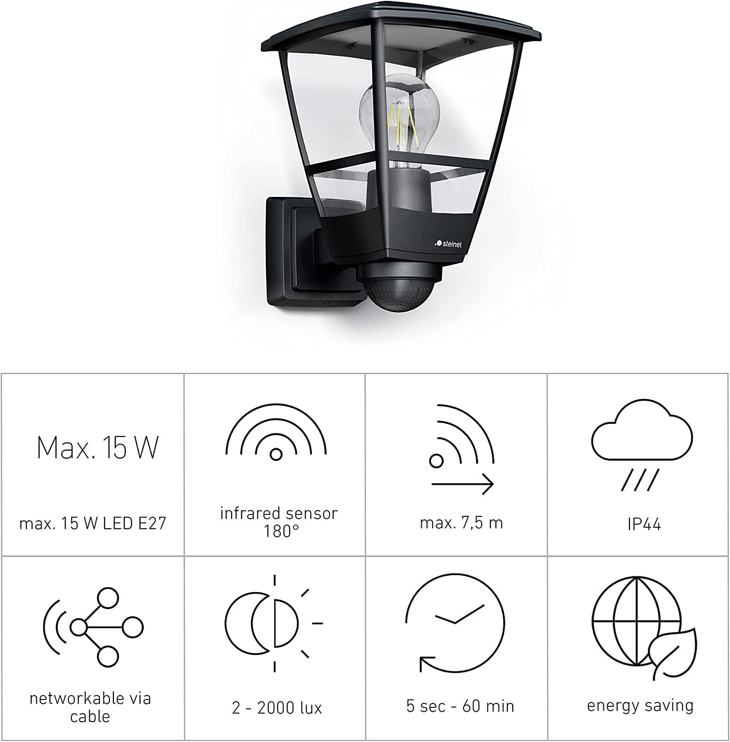 Steinel Outdoor Wall Light L 10 S Black, 180&deg; Motion Sensor, Classic Outdoor Wall Light, E27, Lantern for House Entrance image number 4